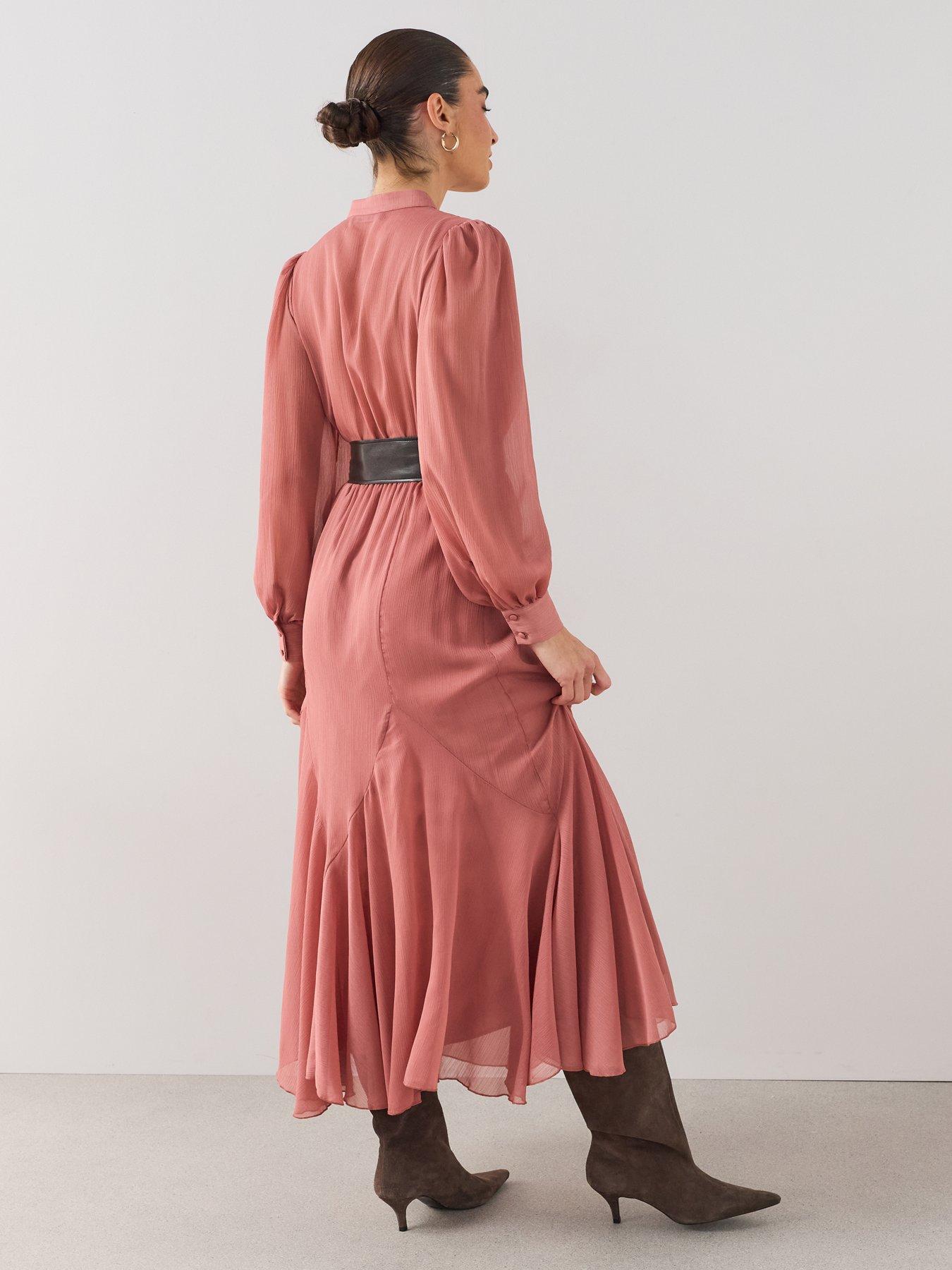 Image 5 of 7 of The Very Collection Lace V Neck Godet Hem Belted Midaxi Dress - Pink