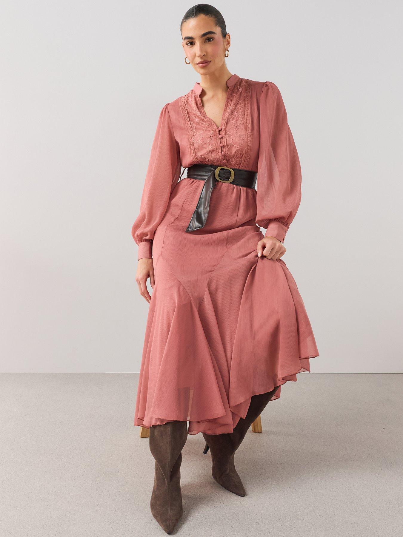 Image 6 of 7 of The Very Collection Lace V Neck Godet Hem Belted Midaxi Dress - Pink