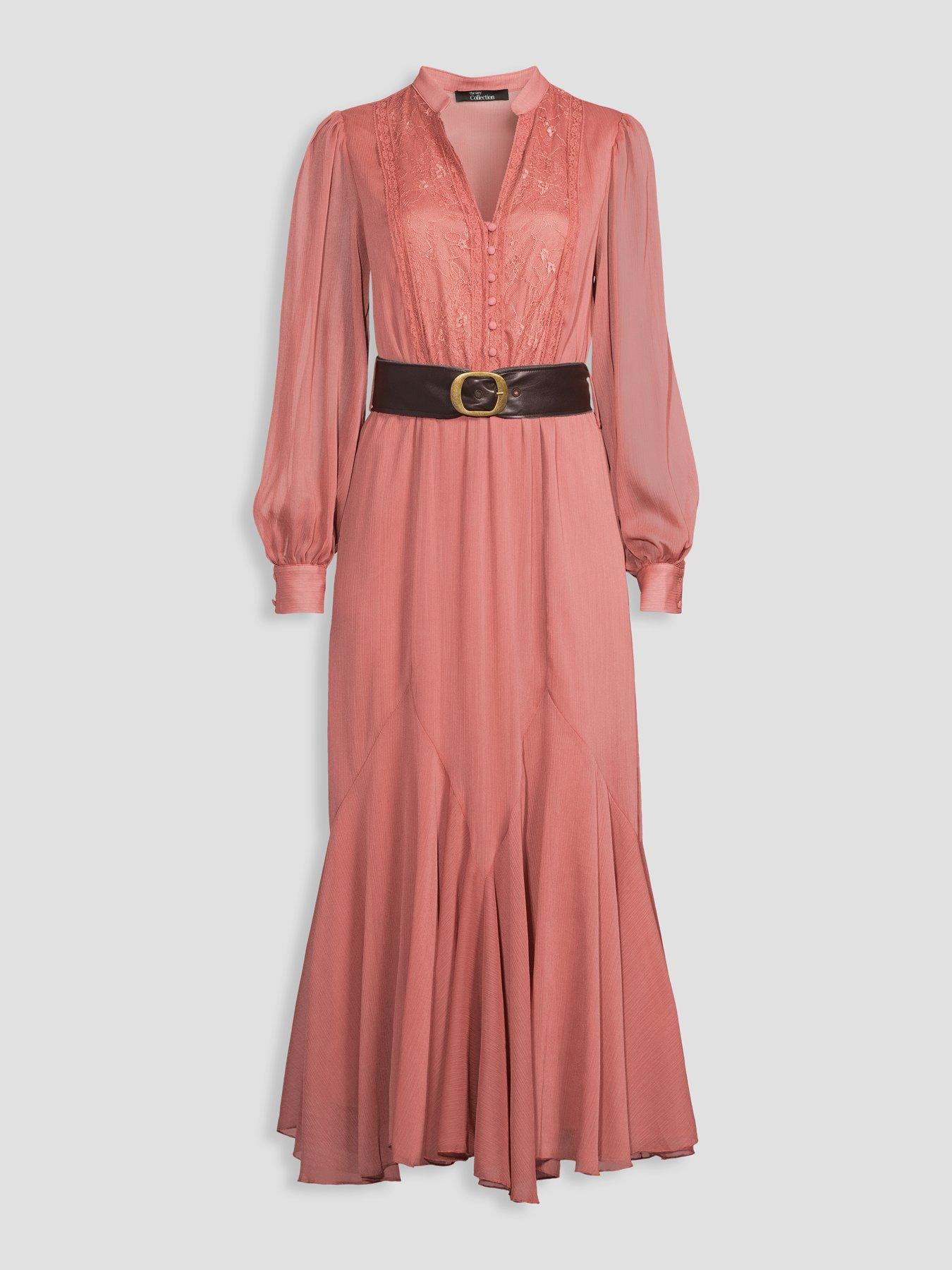 Image 7 of 7 of The Very Collection Lace V Neck Godet Hem Belted Midaxi Dress - Pink