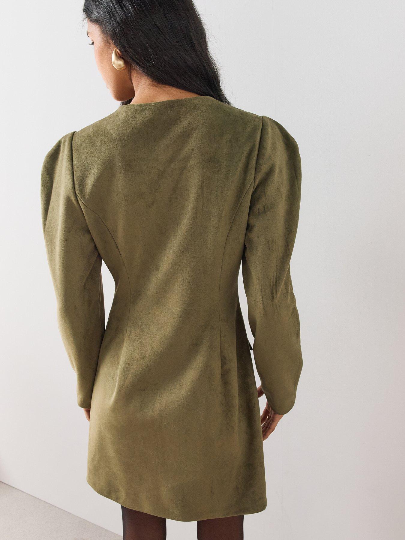 Image 2 of 7 of The Very Collection Womens Faux Suede Puff Sleeve Mini Dress - Green