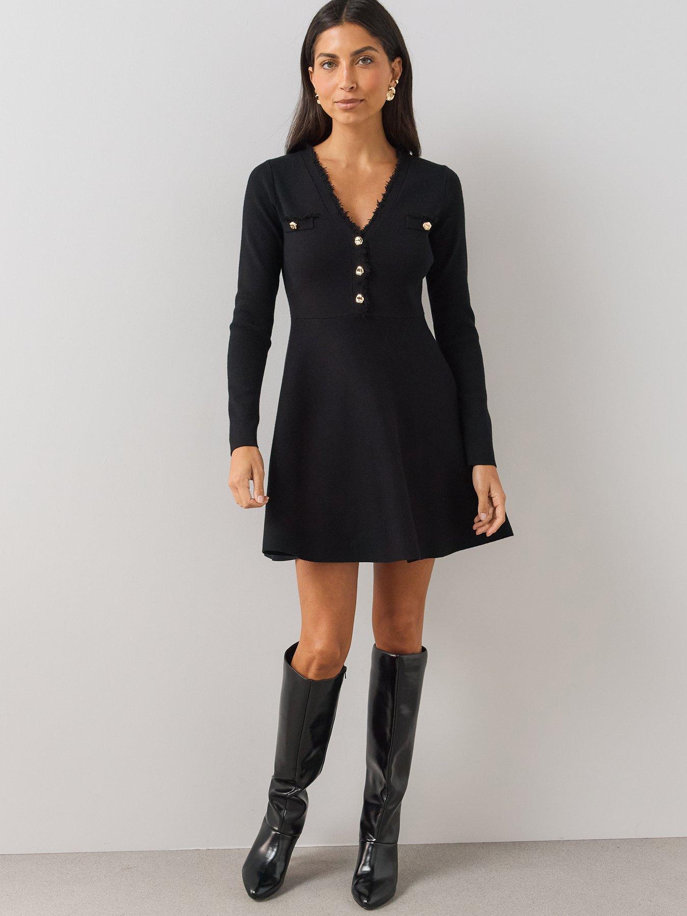 Image 1 of 7 of The Very Collection Womens Compact V-Neck Button Front Dress - Black