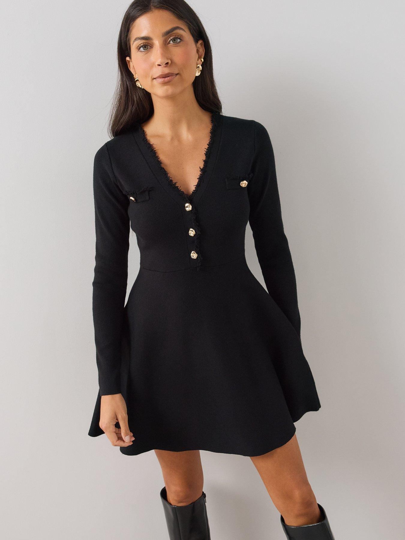 Image 4 of 7 of The Very Collection Womens Compact V-Neck Button Front Dress - Black
