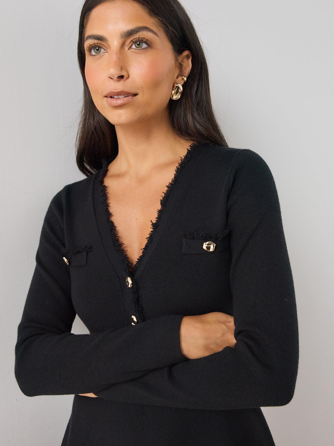 Image 6 of 7 of The Very Collection Womens Compact V-Neck Button Front Dress - Black