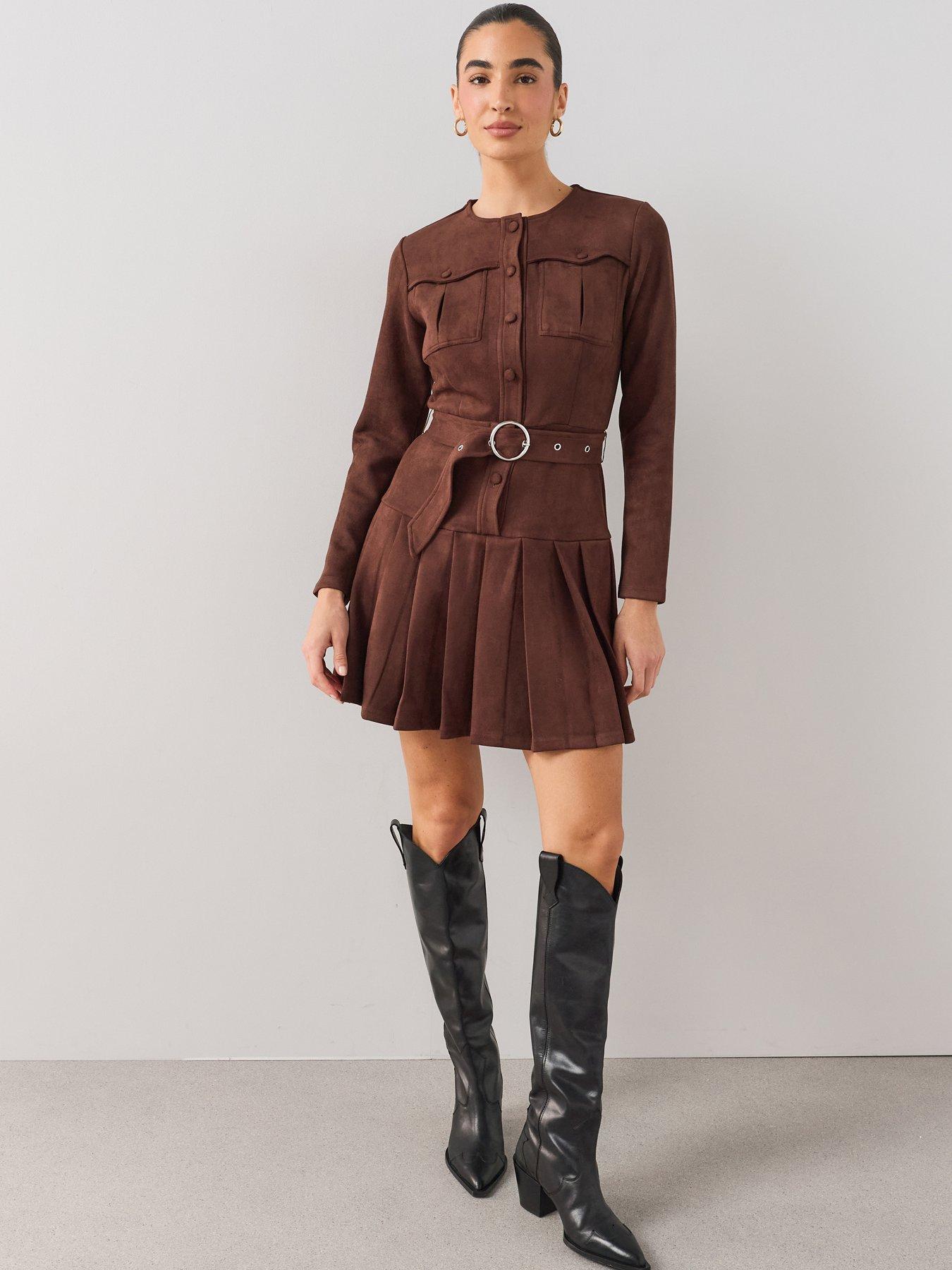 Image 1 of 7 of The Very Collection Suedette Pleated Belted Mini Dress - Brown