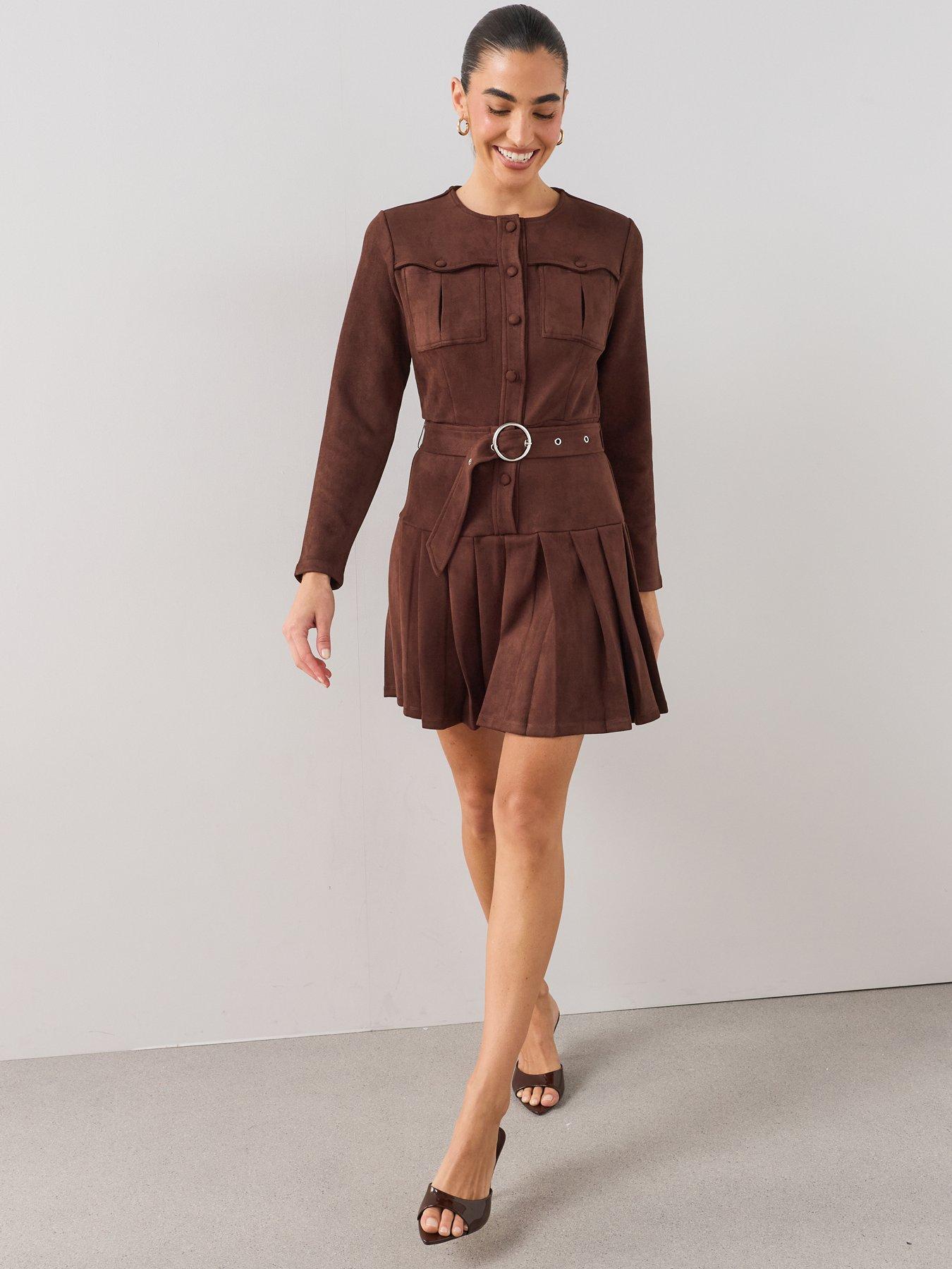 Image 3 of 7 of The Very Collection Suedette Pleated Belted Mini Dress - Brown