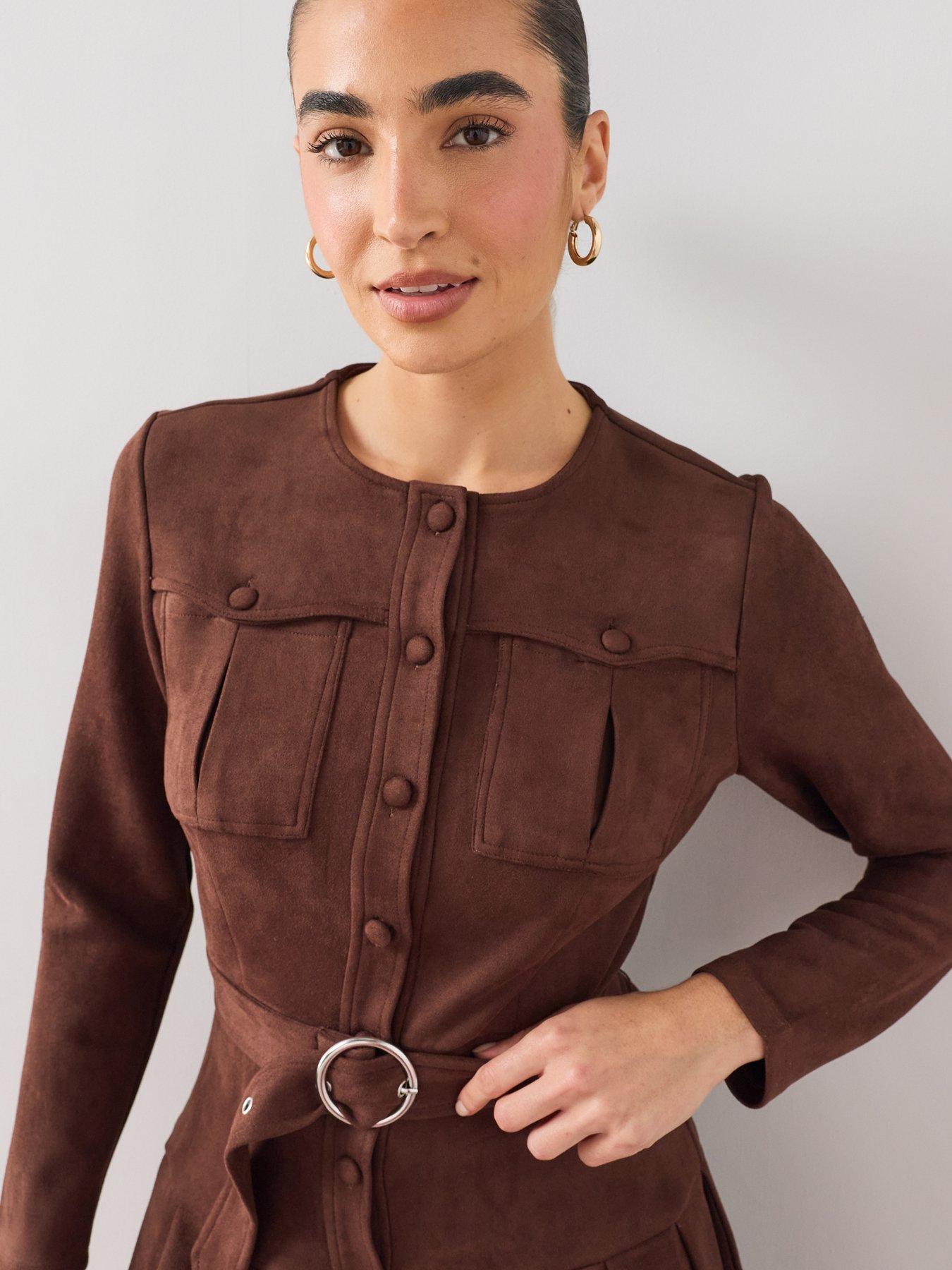 Image 4 of 7 of The Very Collection Suedette Pleated Belted Mini Dress - Brown
