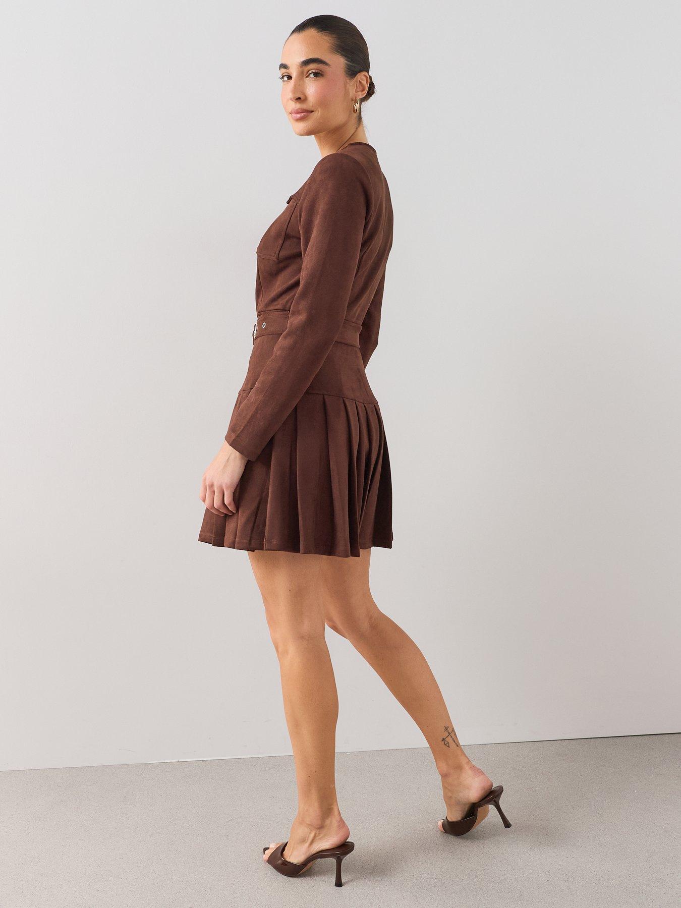 Image 5 of 7 of The Very Collection Suedette Pleated Belted Mini Dress - Brown