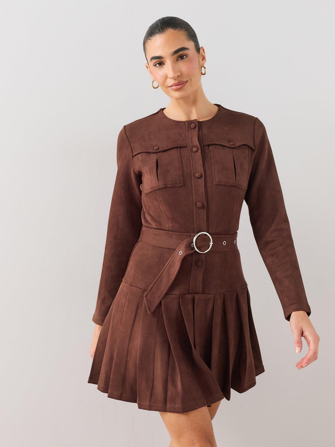 Image 6 of 7 of The Very Collection Suedette Pleated Belted Mini Dress - Brown
