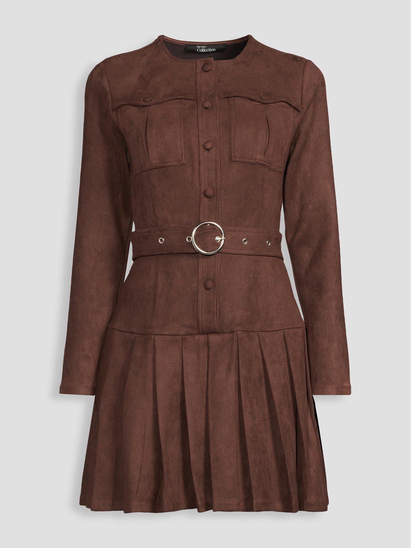 Image 7 of 7 of The Very Collection Suedette Pleated Belted Mini Dress - Brown