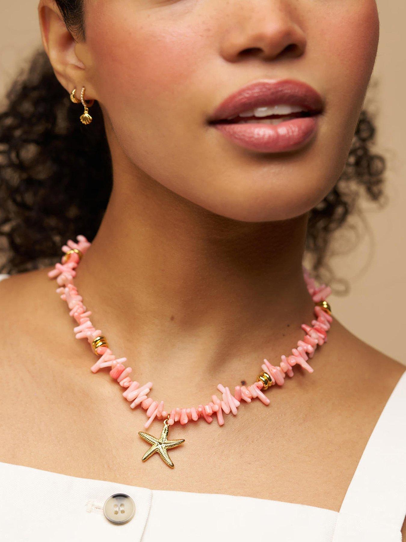 Orelia Statement Pink Coral Chip & Starfish Necklace