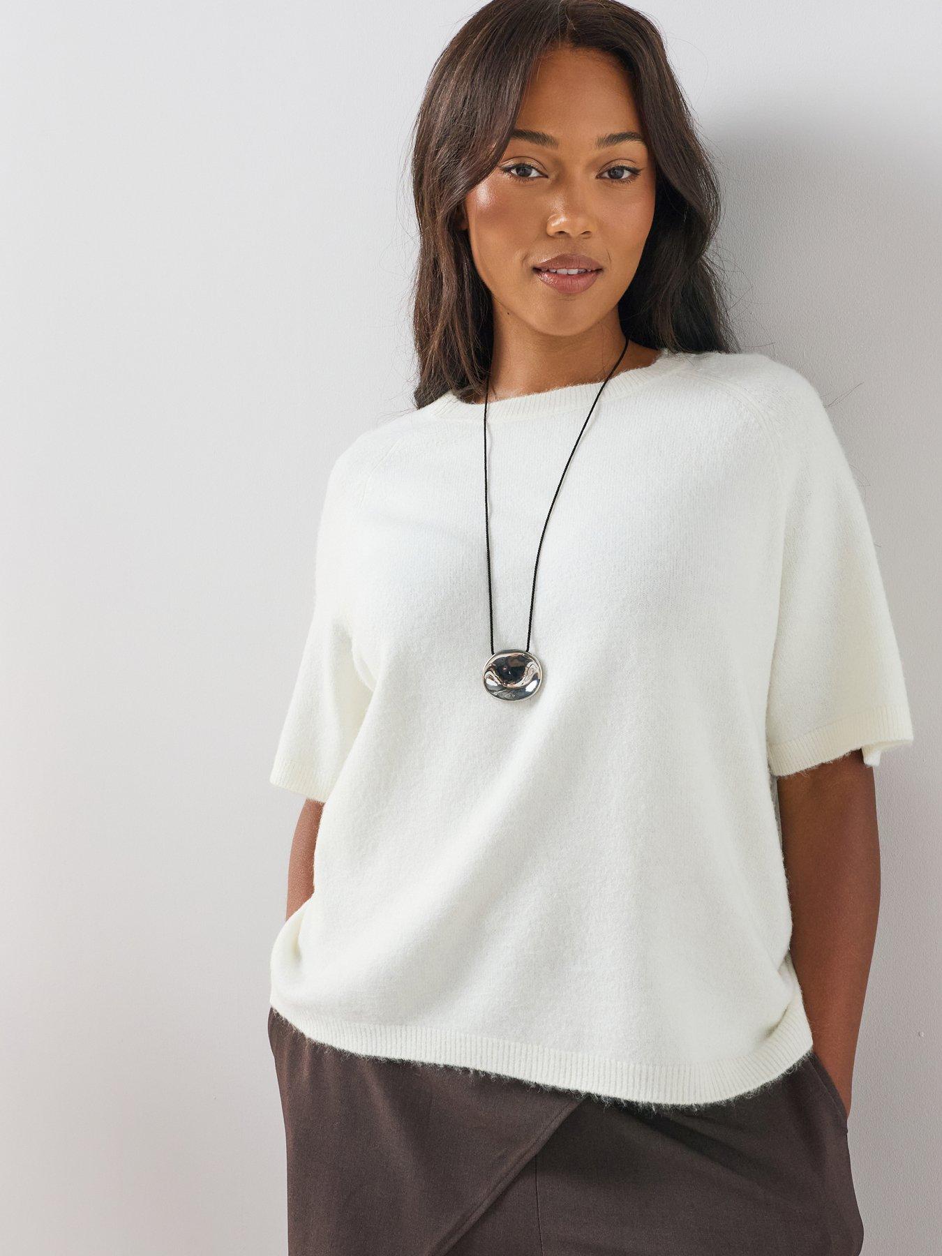 Image 1 of 6 of The Very Collection Curve Short Sleeve Knitted Jumper - Ivory