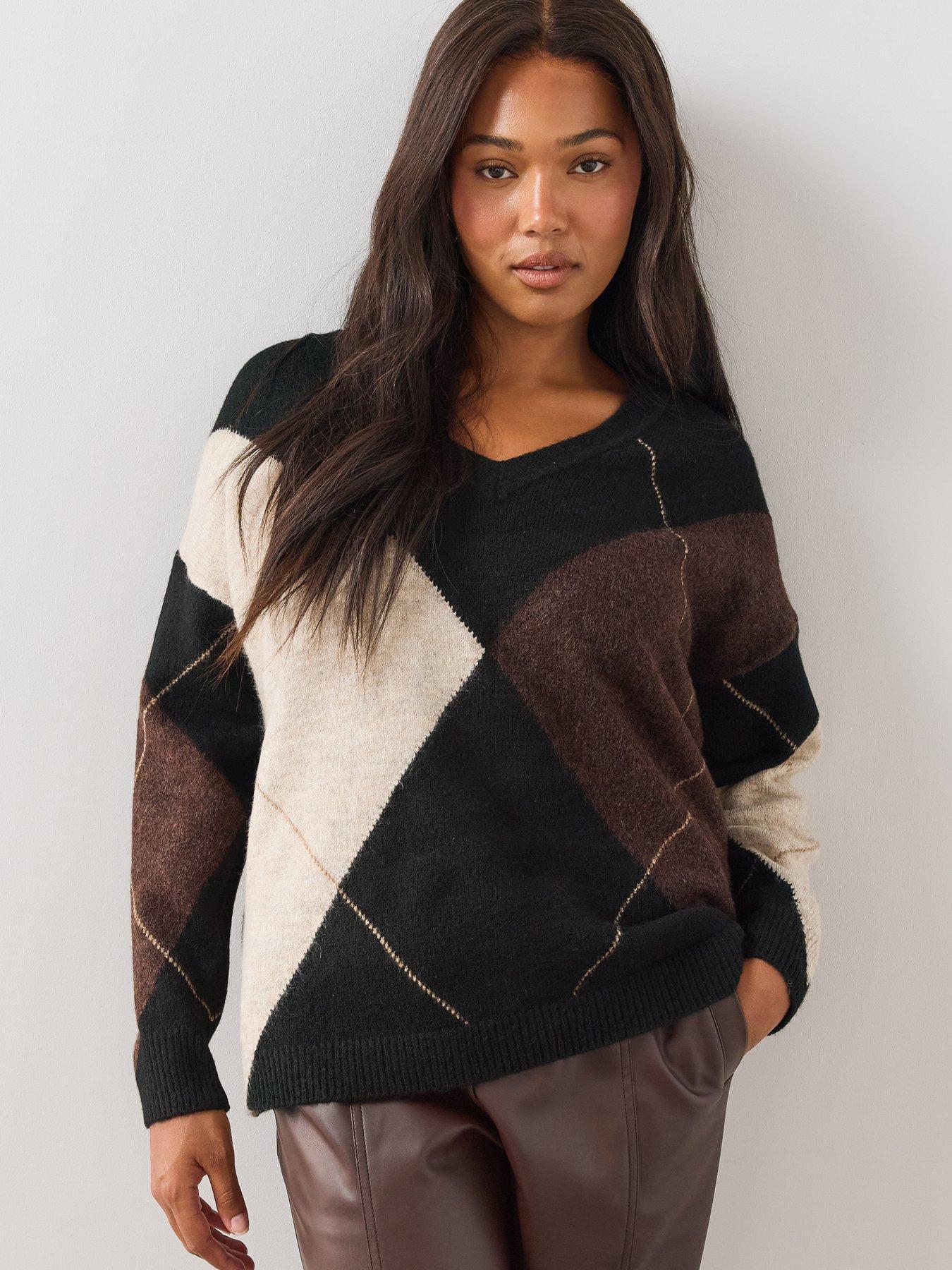 Image 1 of 6 of The Very Collection Womens Plus Size Argyle V Neck Jumper - Multi