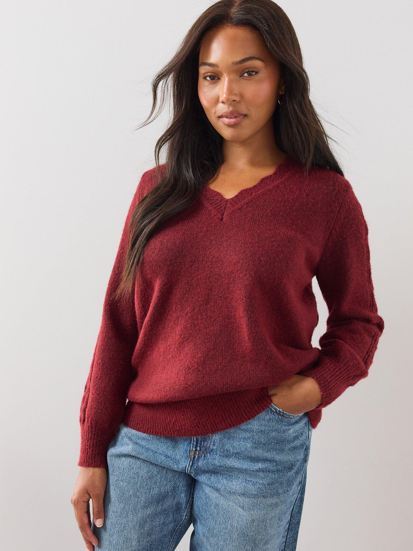 Image 1 of 6 of The Very Collection Womens Curve Pointelle V-Neck Cable Sleeve Jumper - Burgundy