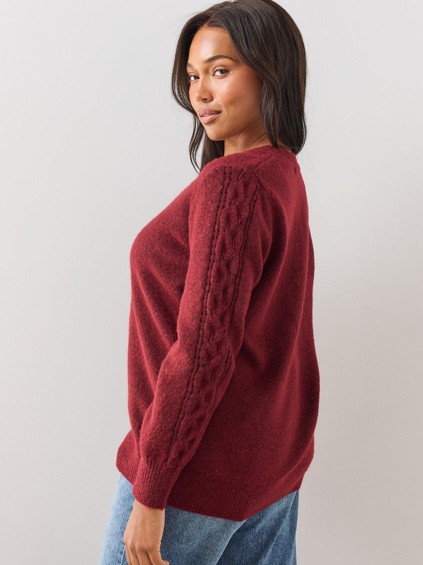 Image 2 of 6 of The Very Collection Womens Curve Pointelle V-Neck Cable Sleeve Jumper - Burgundy