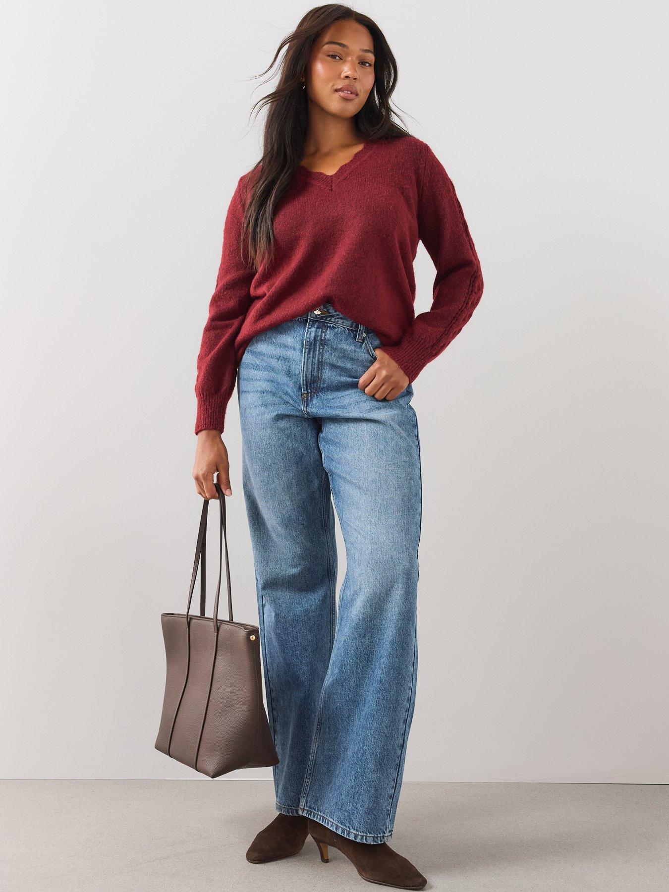 Image 3 of 6 of The Very Collection Womens Curve Pointelle V-Neck Cable Sleeve Jumper - Burgundy