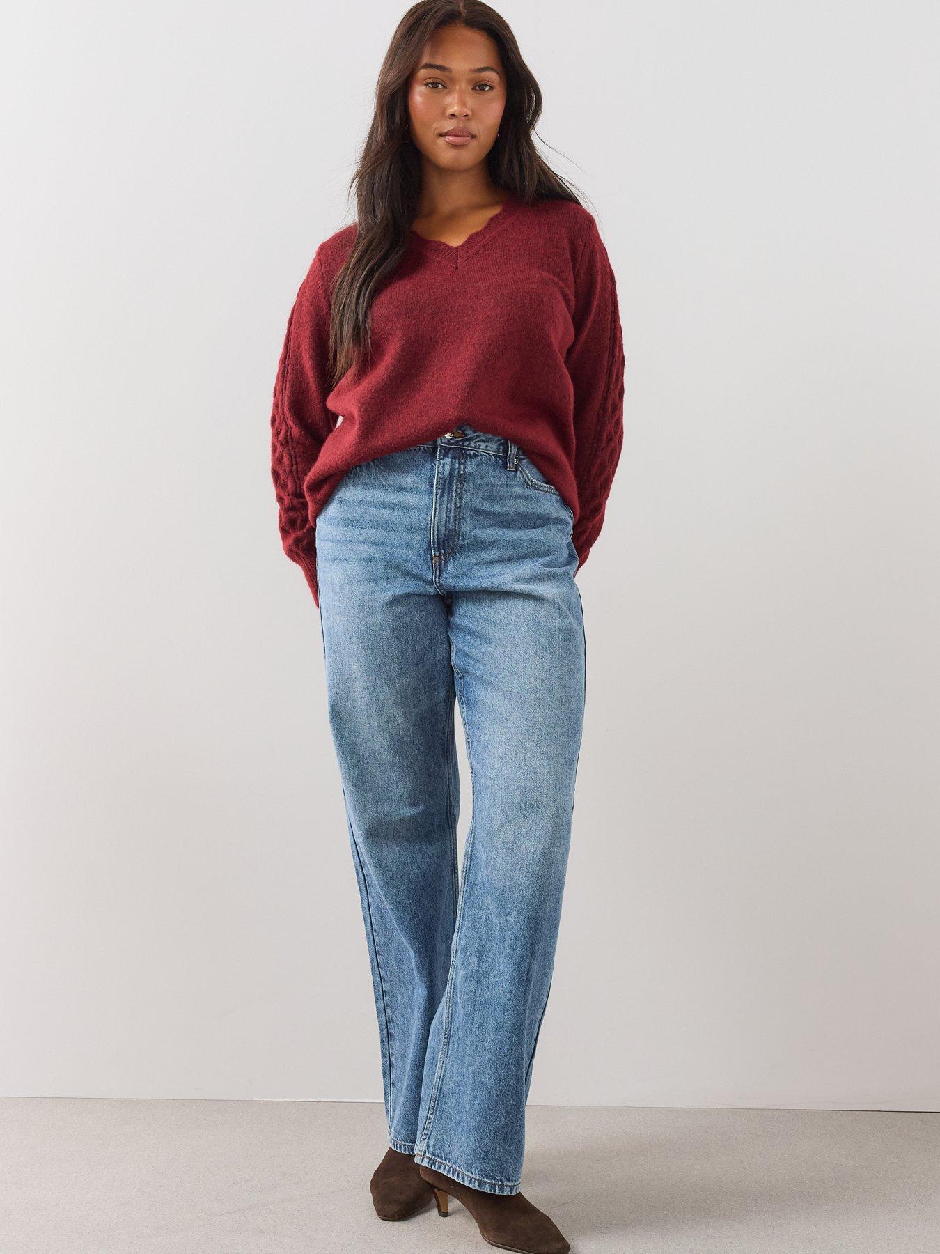 Image 4 of 6 of The Very Collection Womens Curve Pointelle V-Neck Cable Sleeve Jumper - Burgundy