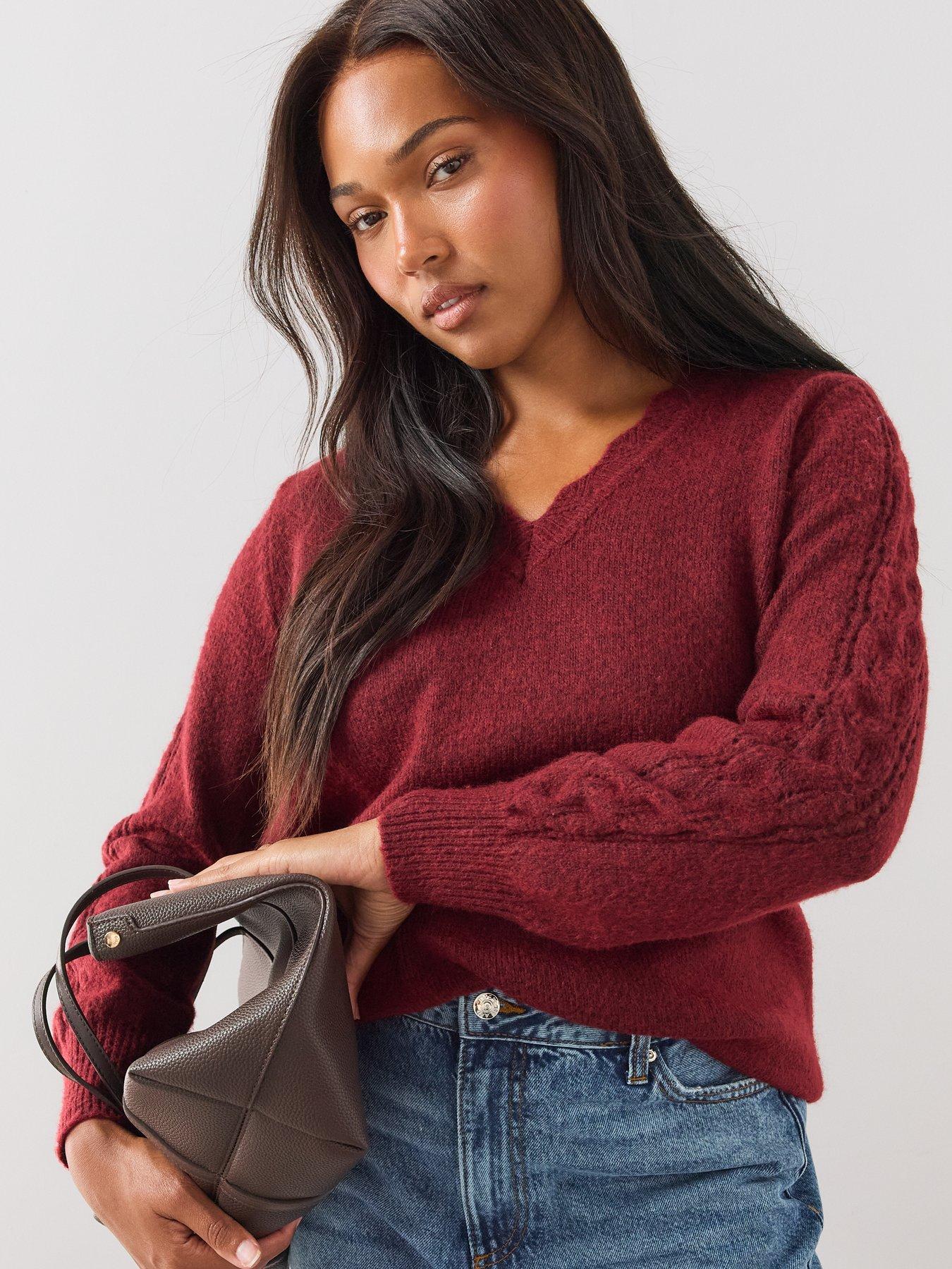 Image 5 of 6 of The Very Collection Womens Curve Pointelle V-Neck Cable Sleeve Jumper - Burgundy