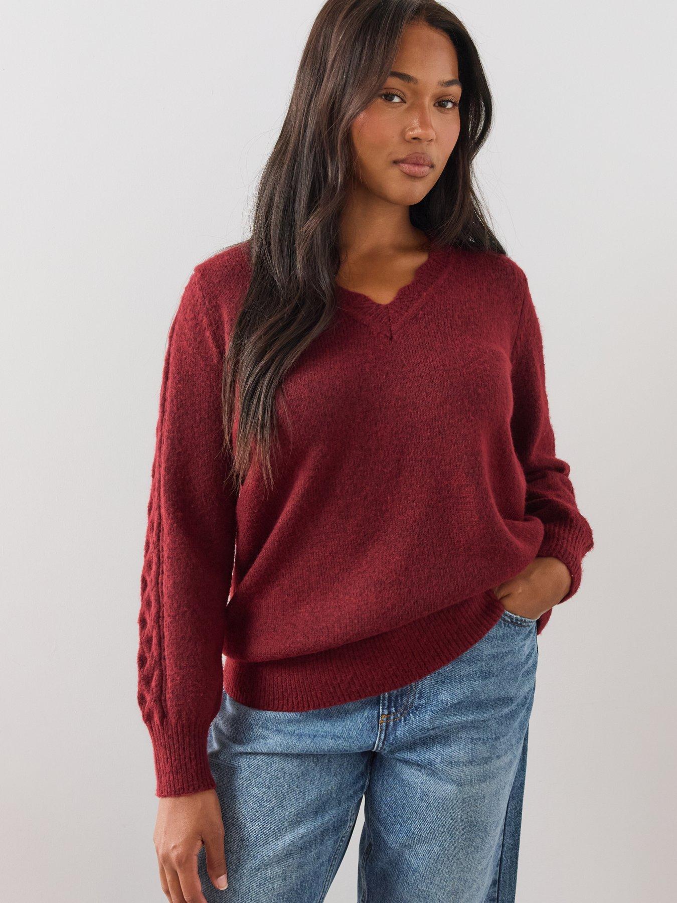 Image 6 of 6 of The Very Collection Womens Curve Pointelle V-Neck Cable Sleeve Jumper - Burgundy