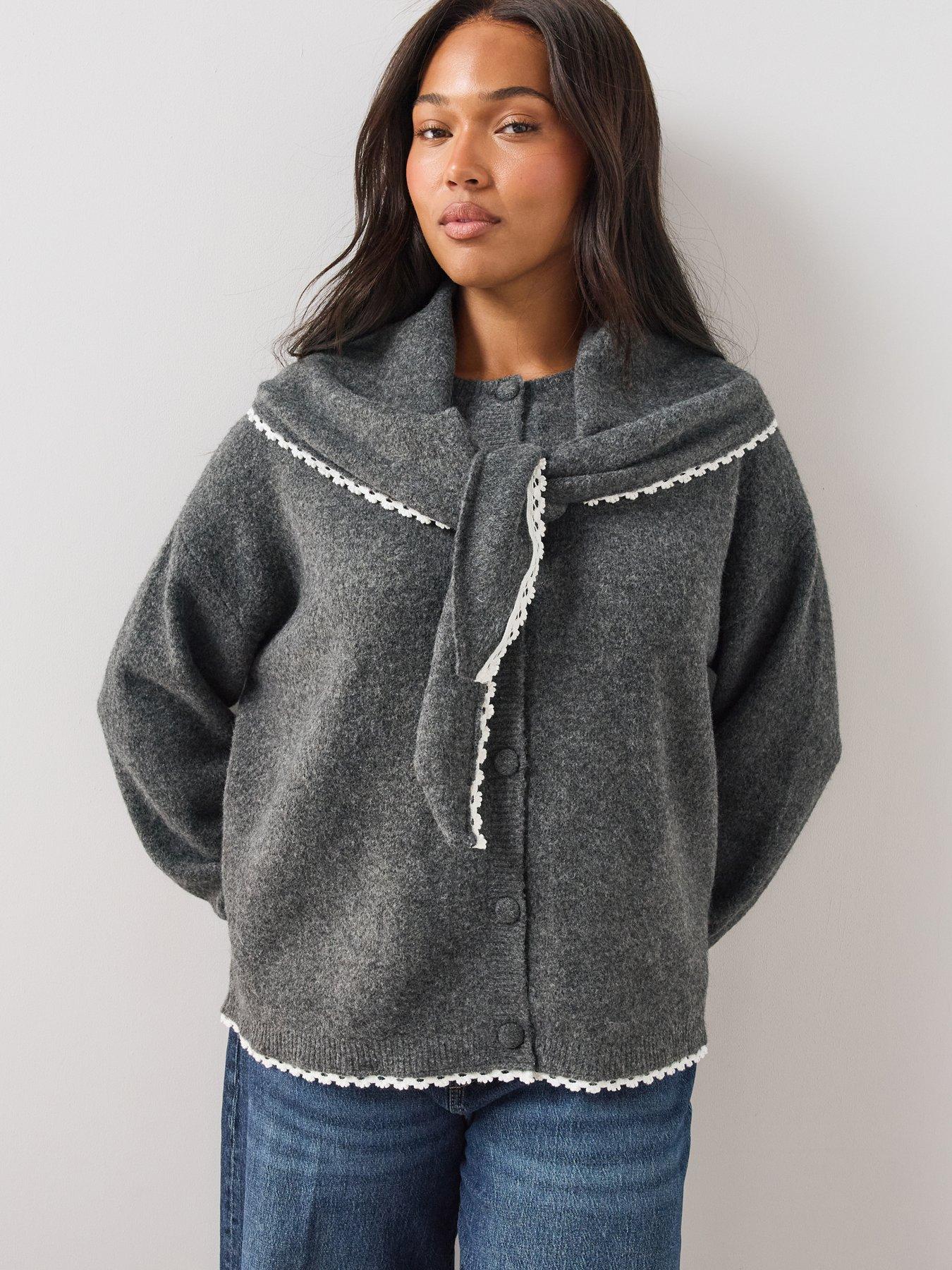 Image 1 of 6 of The Very Collection Crochet Trim Cardigan With Detachable Scarf