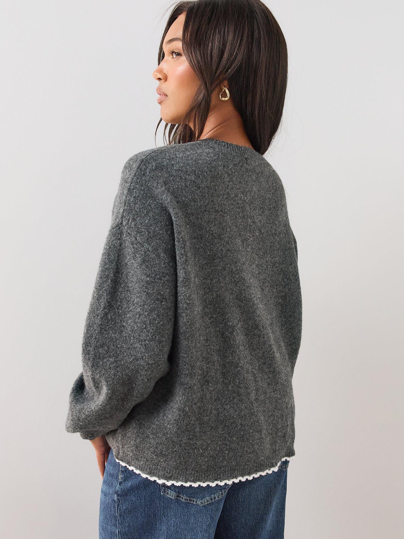 Image 2 of 6 of The Very Collection Crochet Trim Cardigan With Detachable Scarf