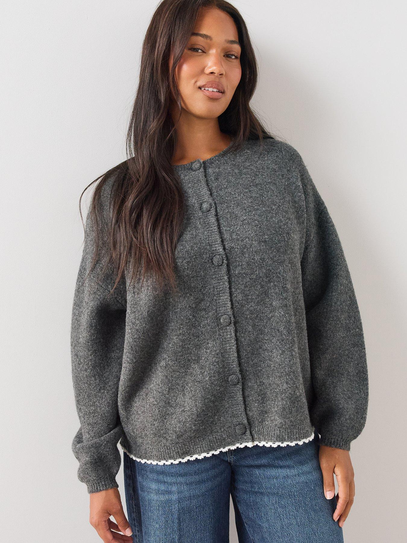 Image 5 of 6 of The Very Collection Crochet Trim Cardigan With Detachable Scarf