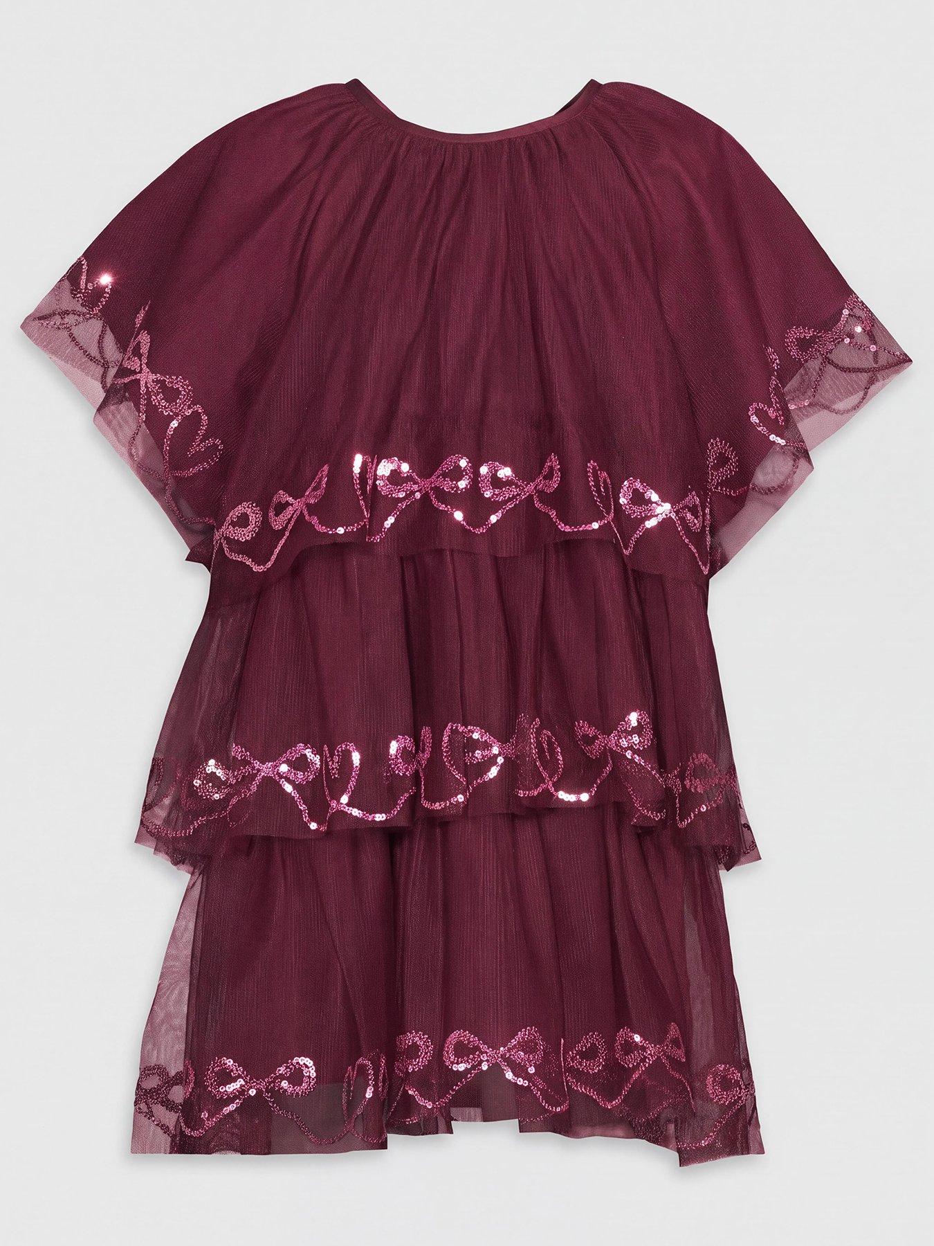 Image 1 of 3 of The Very Collection Girls Sequin Bow Tiered Mesh Dress - Pink