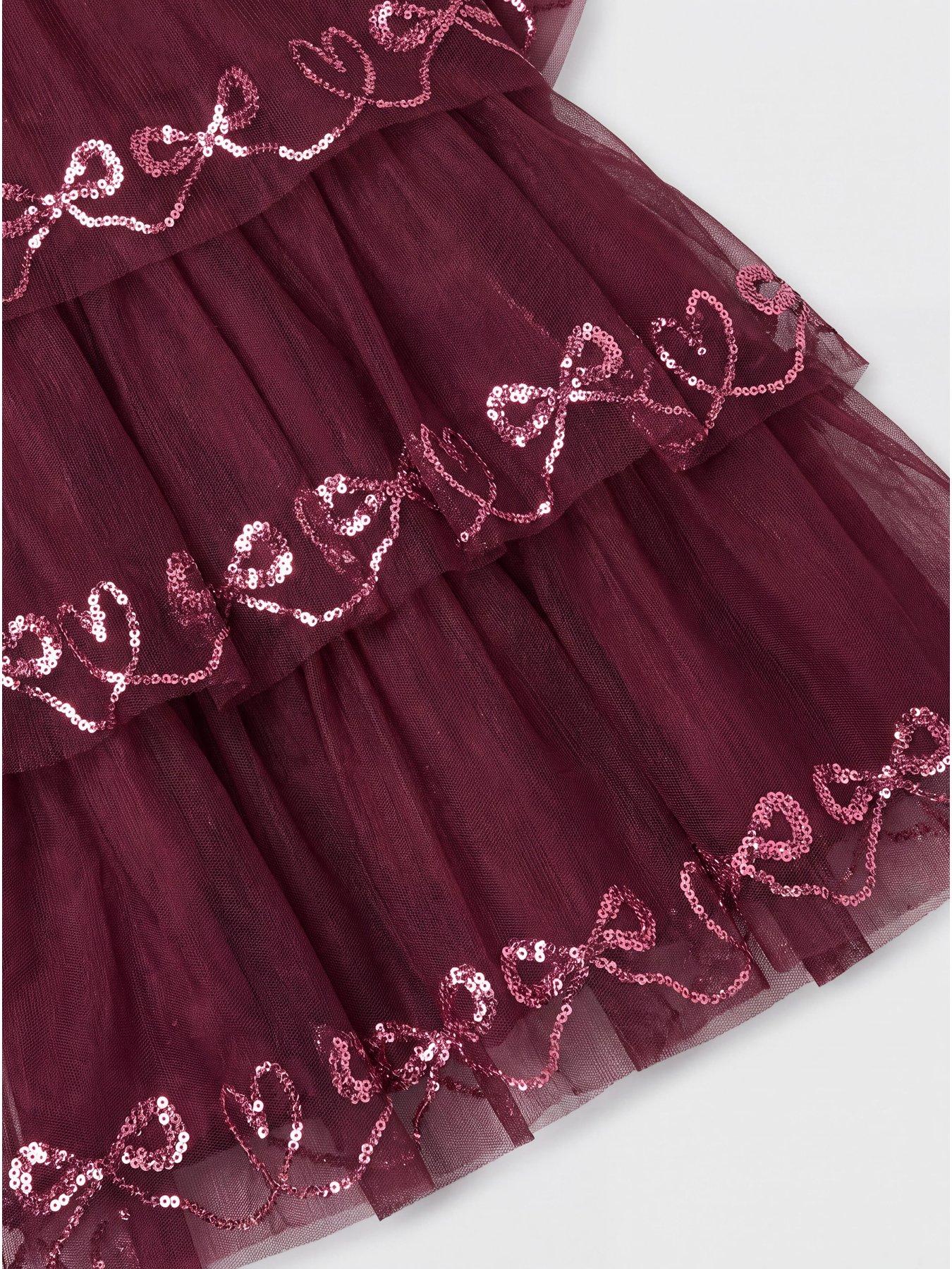 Image 3 of 3 of The Very Collection Girls Sequin Bow Tiered Mesh Dress - Pink