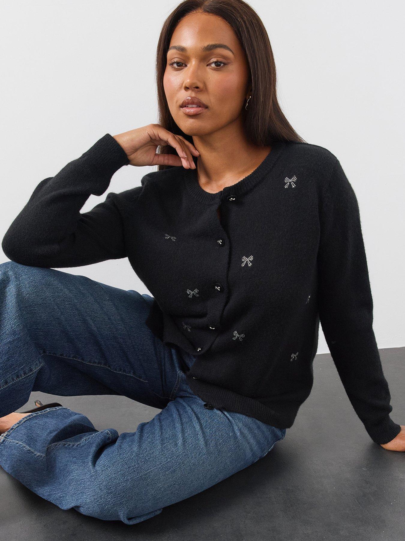 Image 1 of 6 of The Very Collection Womens Curve Sequin Bow Button-Through Cardigan - Black