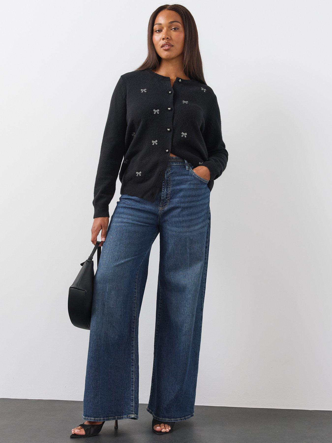 Image 3 of 6 of The Very Collection Womens Curve Sequin Bow Button-Through Cardigan - Black