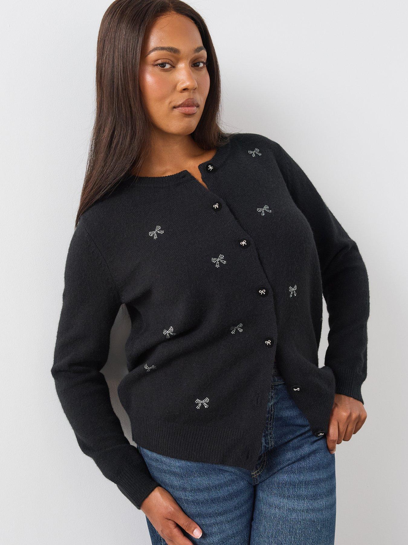 Image 4 of 6 of The Very Collection Womens Curve Sequin Bow Button-Through Cardigan - Black