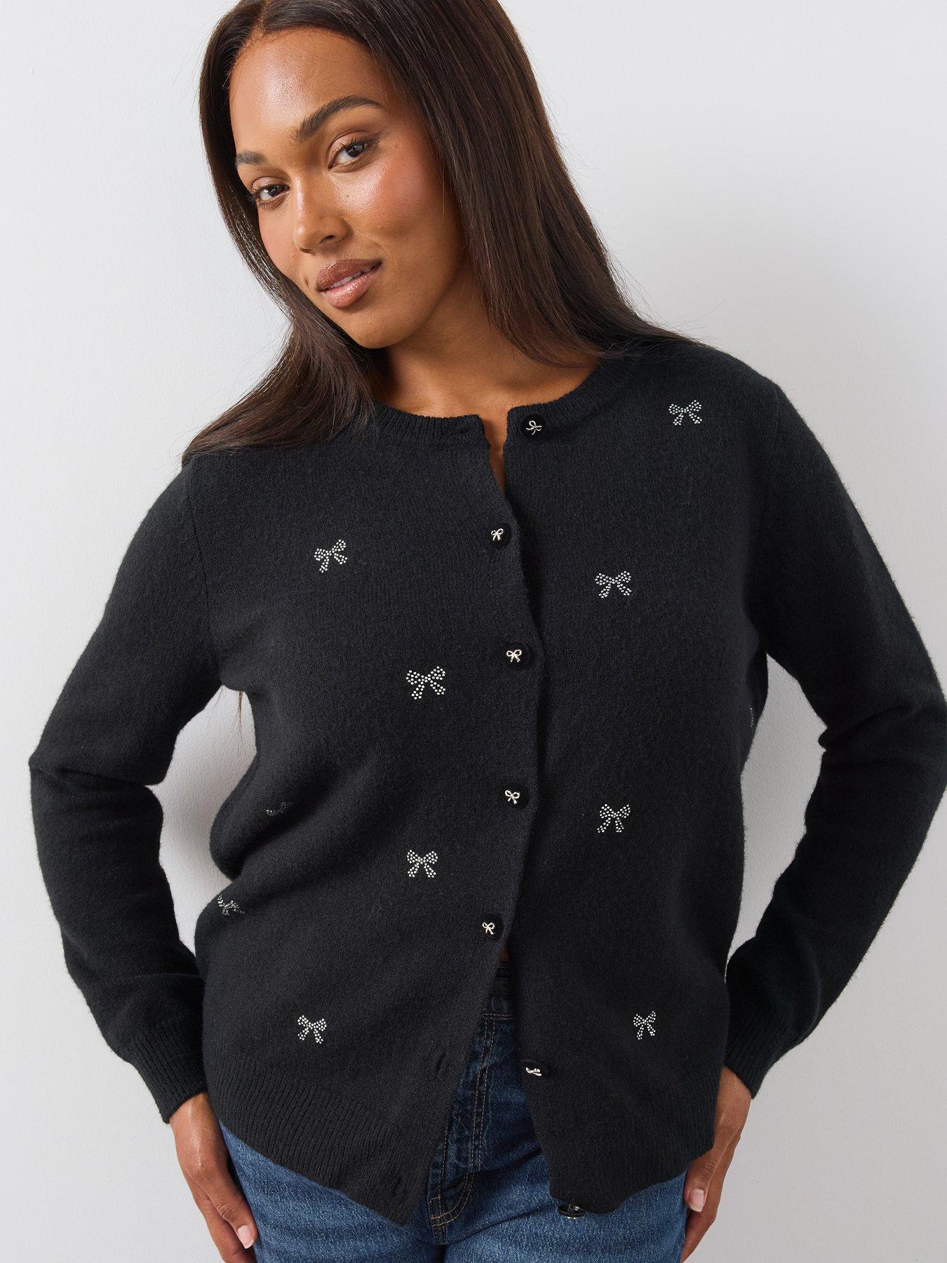 Image 6 of 6 of The Very Collection Womens Curve Sequin Bow Button-Through Cardigan - Black