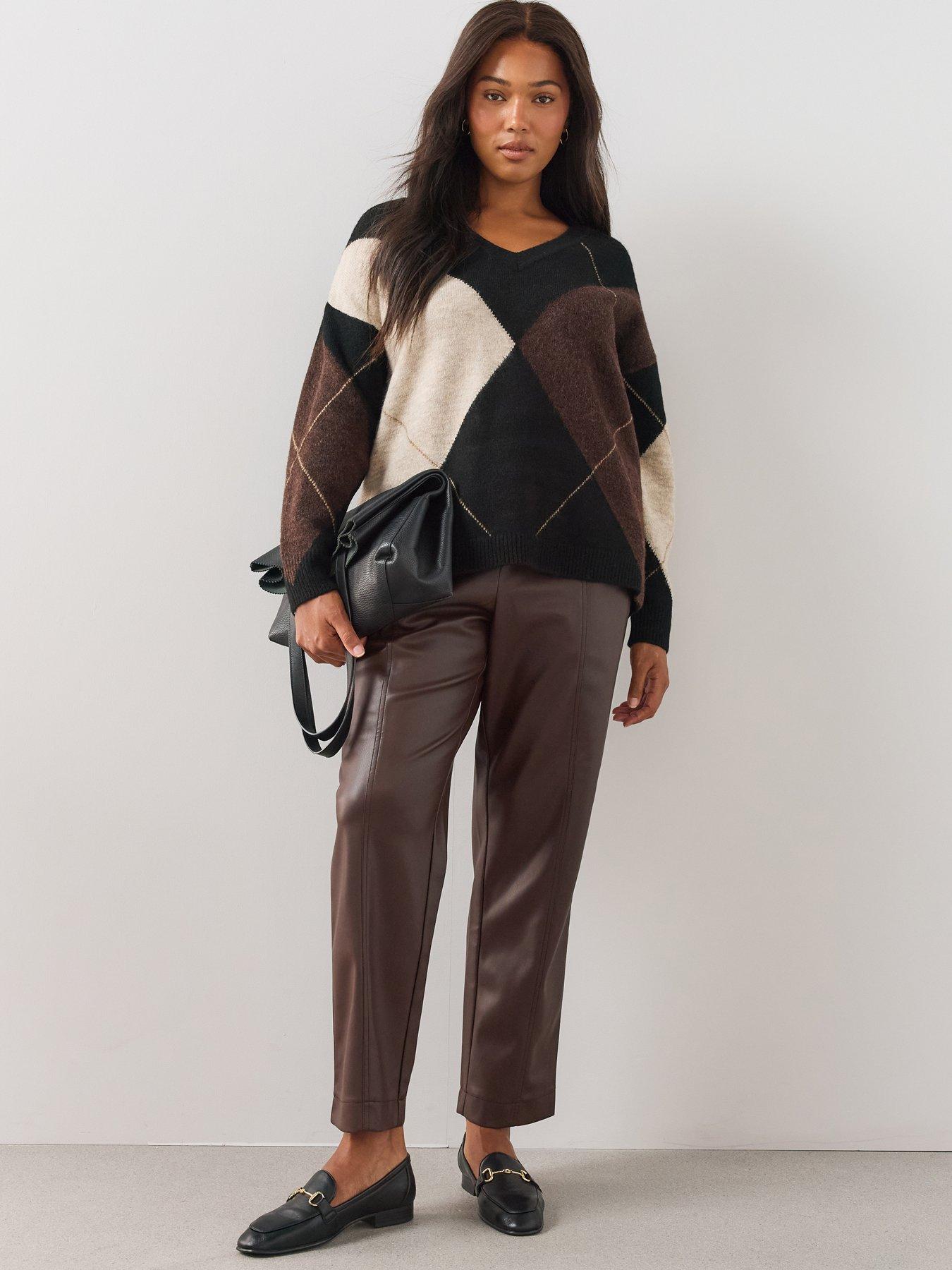 Image 1 of 6 of The Very Collection Womens Curve Faux Leather Elasticated Waist Straight Leg Trousers - Brown