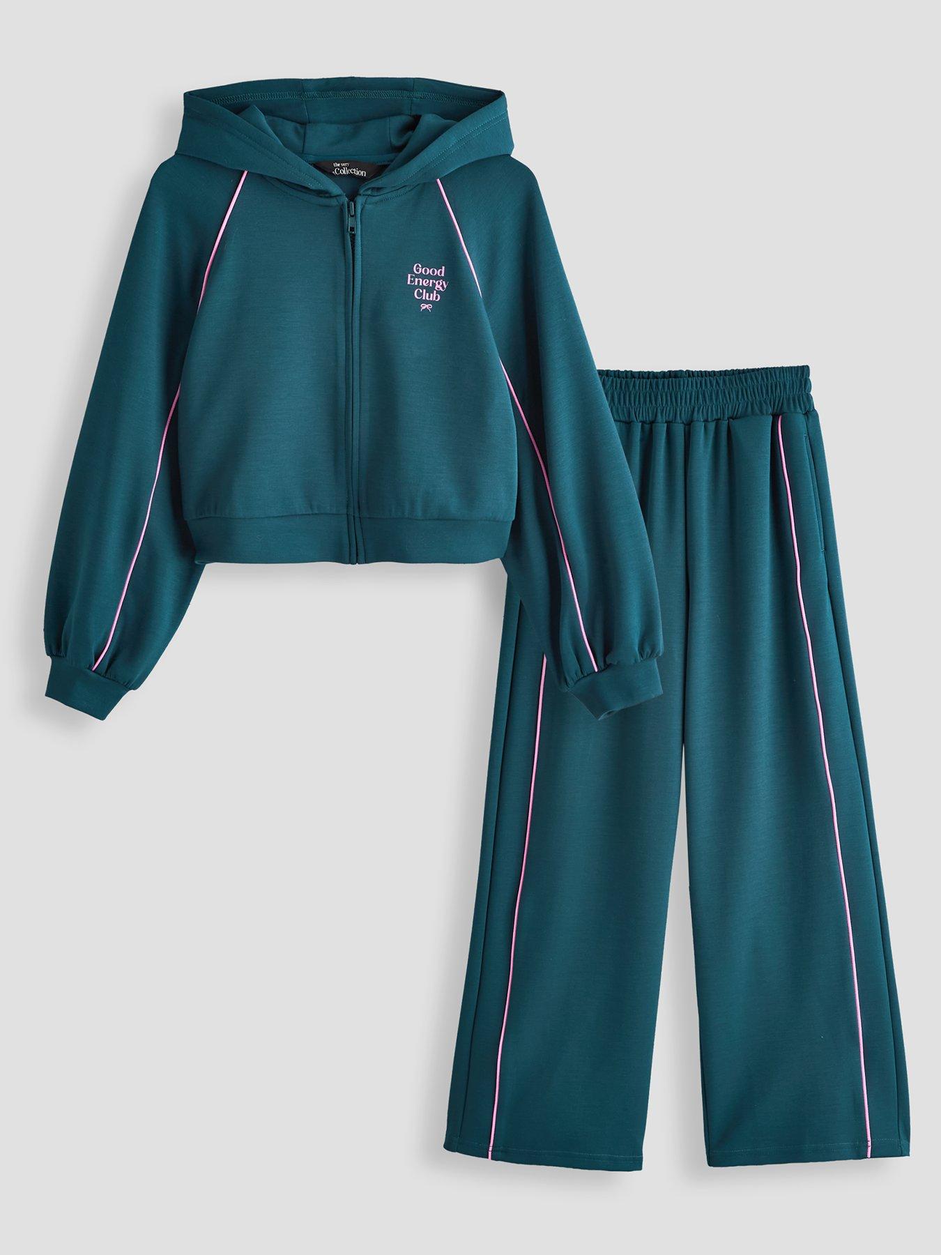 Image 1 of 5 of The Very Collection Girls Soft Touch Contrast Piping Zip Up Outfit - Green