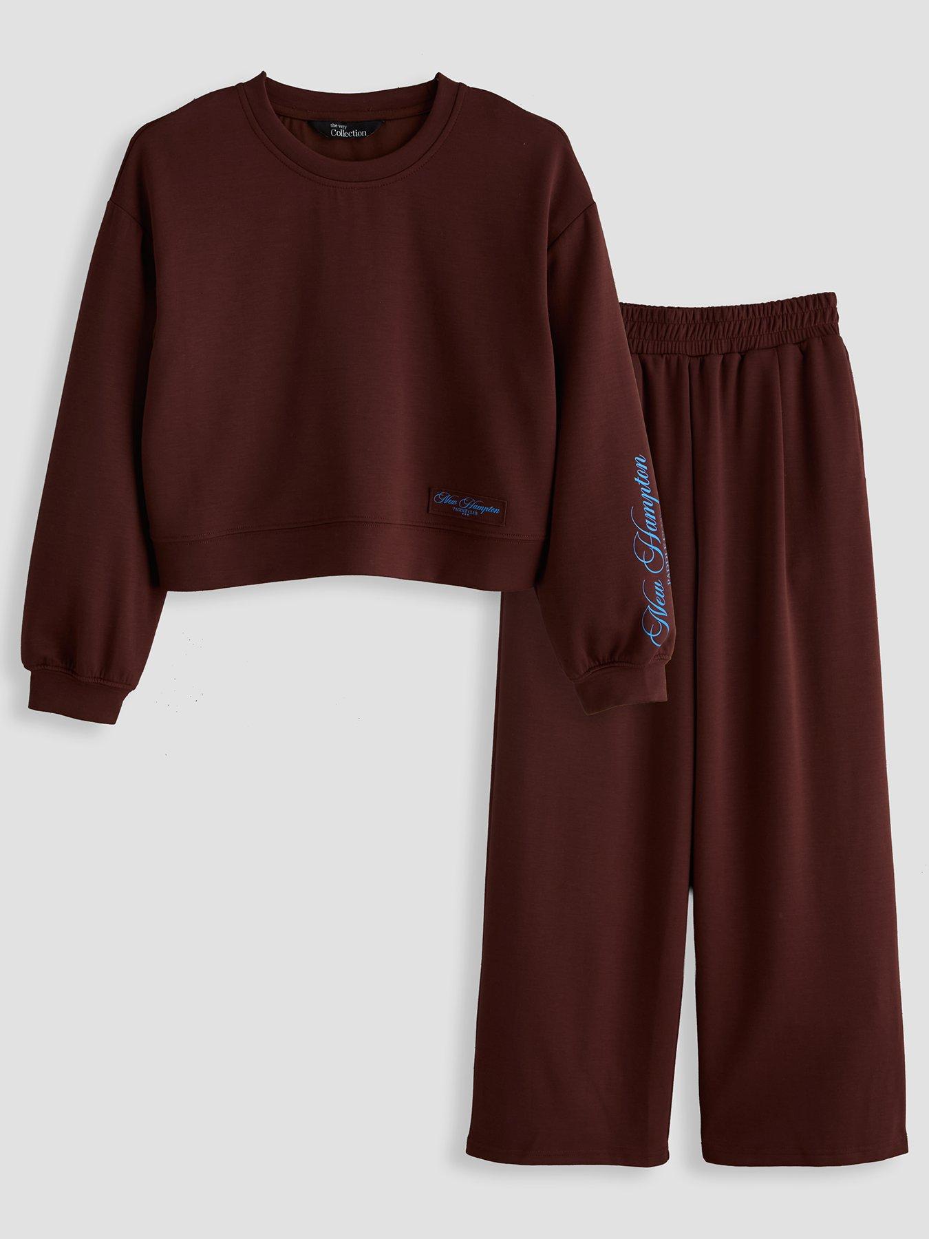The Very Collection Girls Contrast Slogan Wide Leg Outfit - Brown