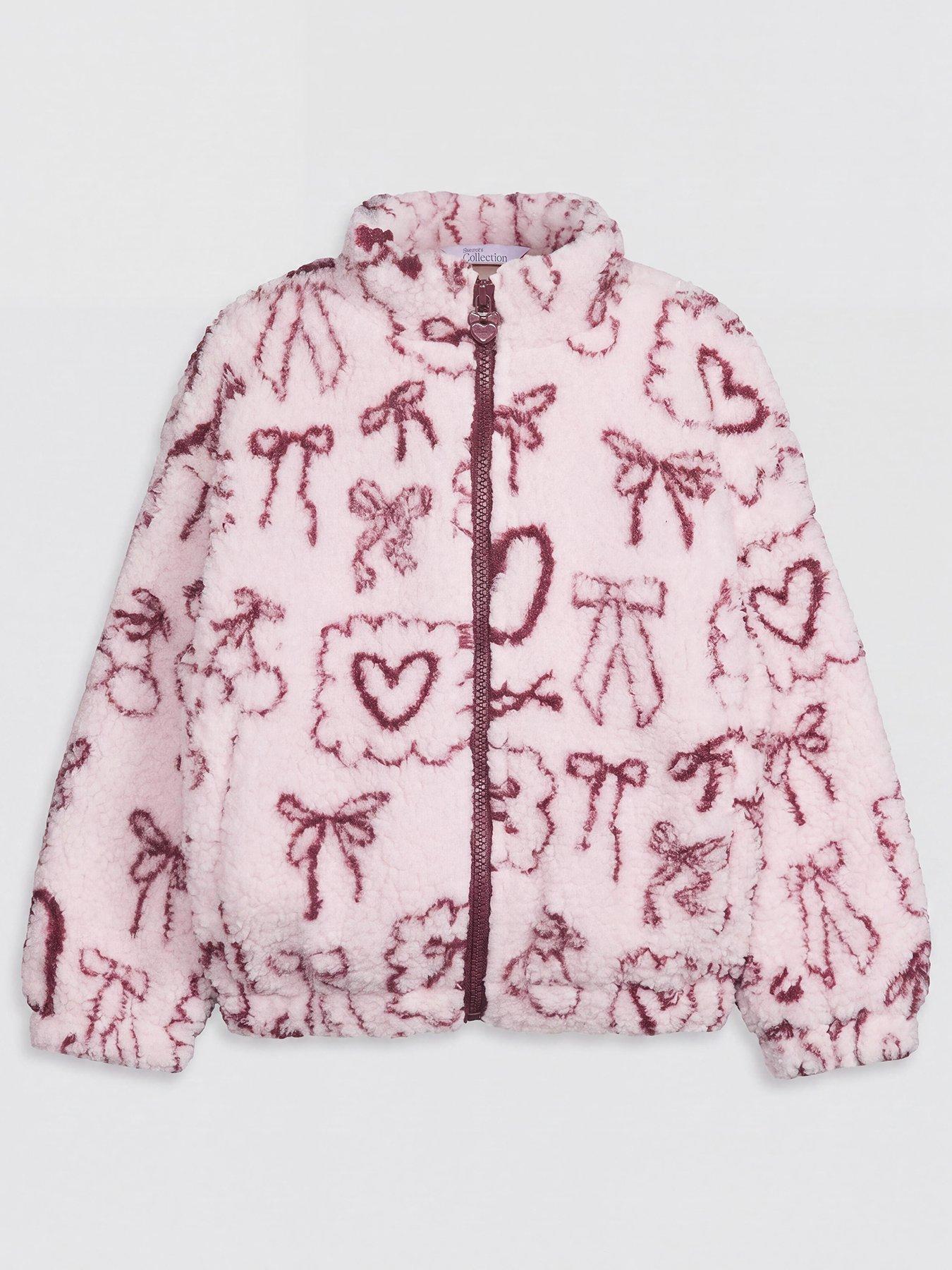 The Very Collection Girls Heart And Bow Print Borg Zip Up Basic Jacket