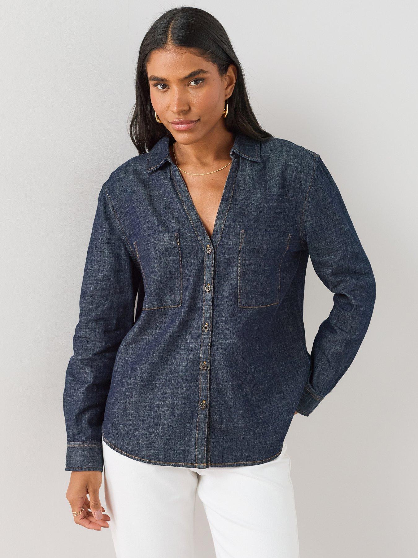 Image 1 of 7 of The Very Collection Women's Open Collar Cotton Shirt - Dark Wash