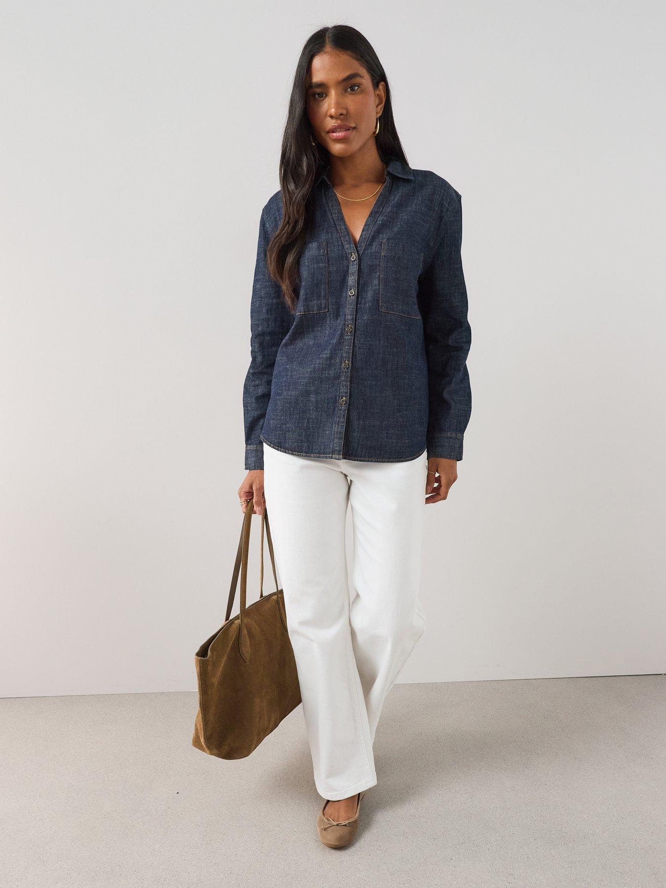 Image 3 of 7 of The Very Collection Women's Open Collar Cotton Shirt - Dark Wash