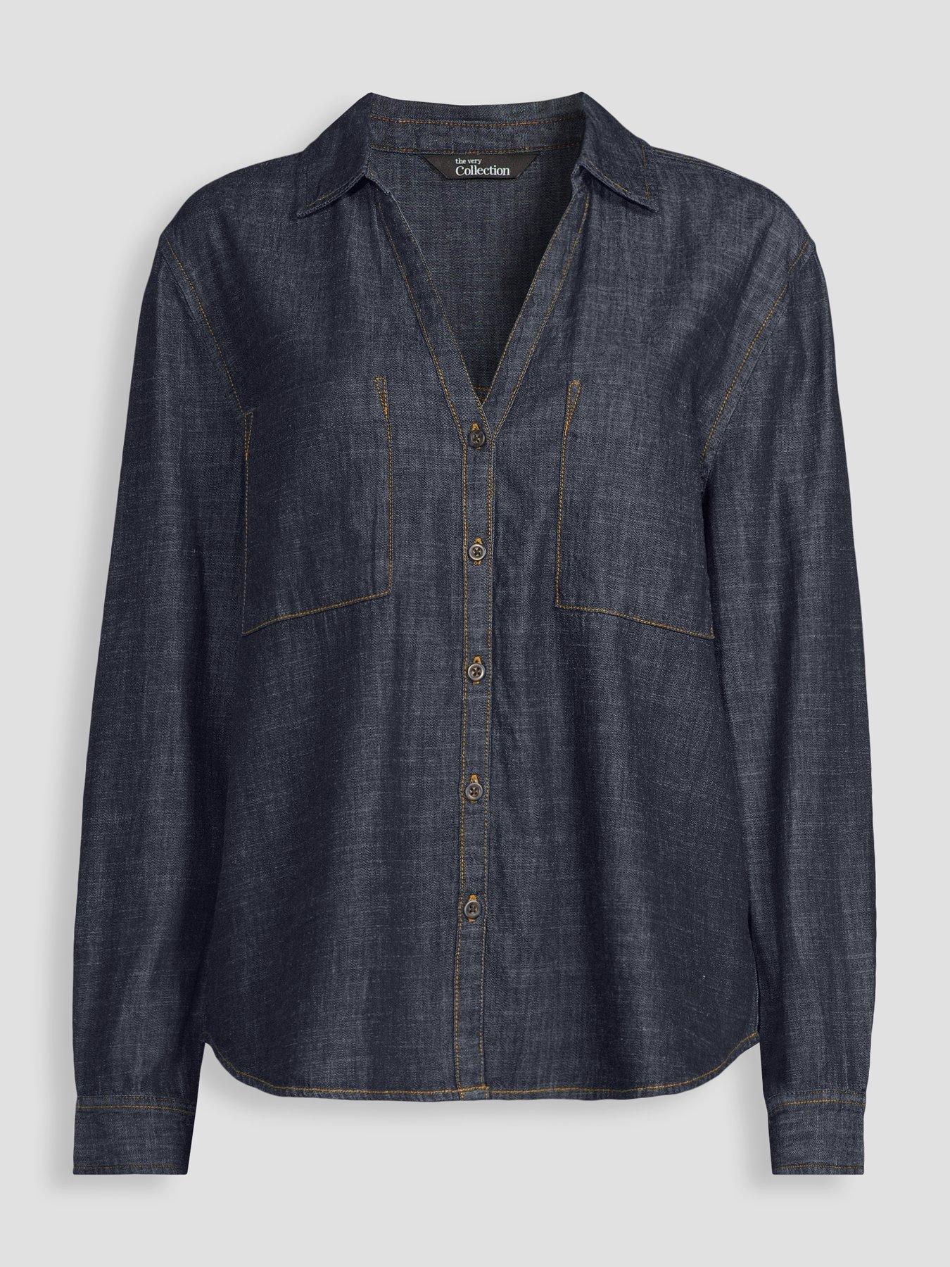 Image 7 of 7 of The Very Collection Women's Open Collar Cotton Shirt - Dark Wash
