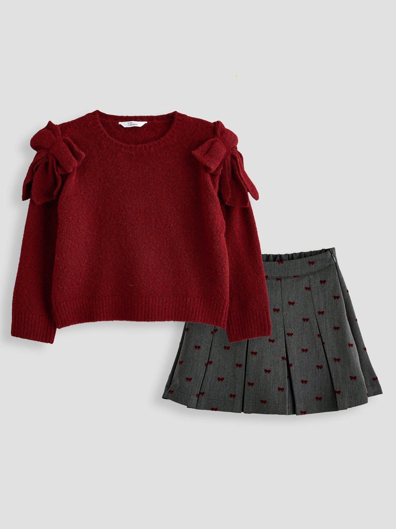 Image 1 of 6 of The Very Collection Girls Bow Detail Knitted Jumper Pleated Skirt Set (9 months - 7 years) - Red