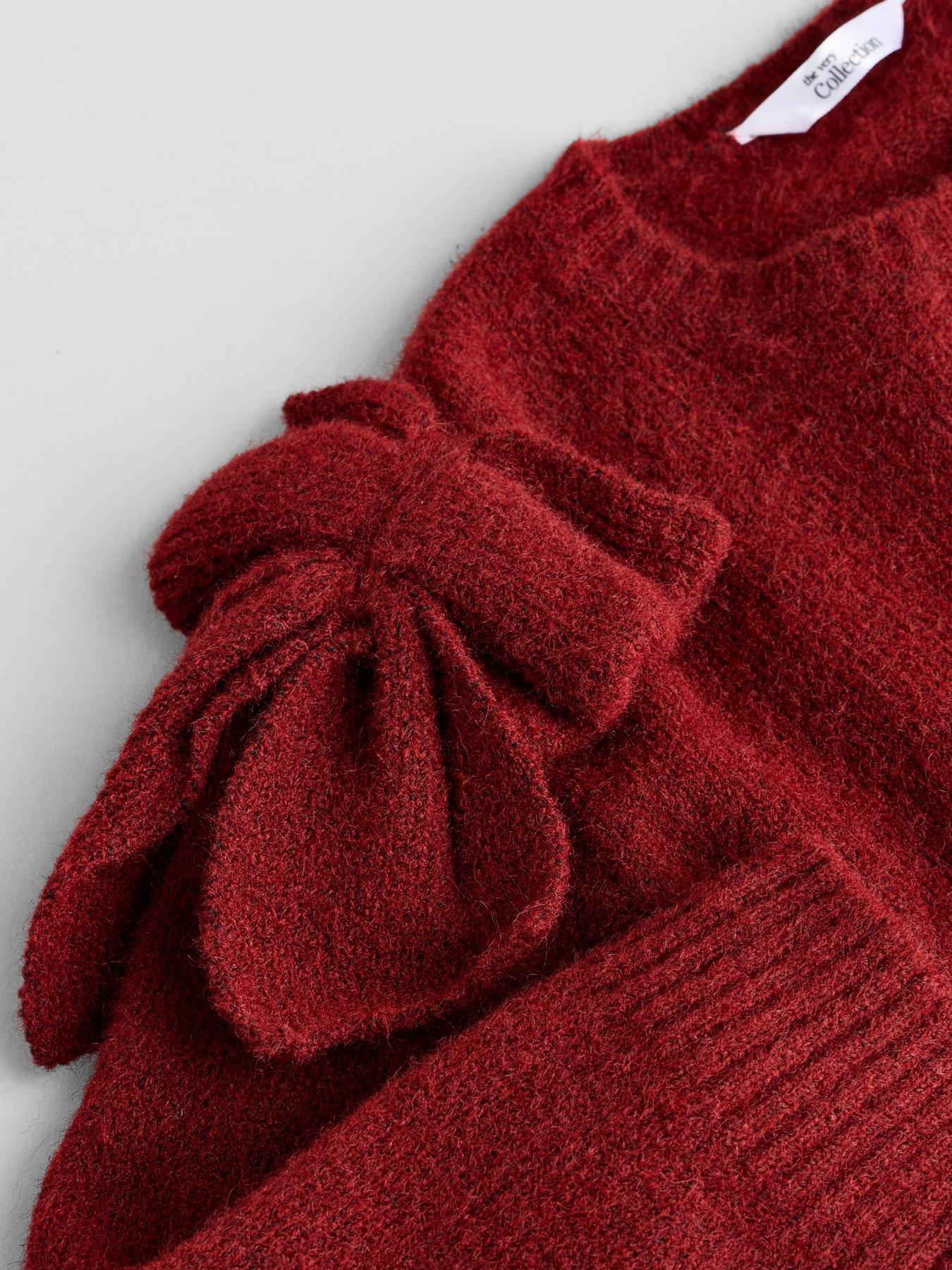 Image 4 of 6 of The Very Collection Girls Bow Detail Knitted Jumper Pleated Skirt Set (9 months - 7 years) - Red
