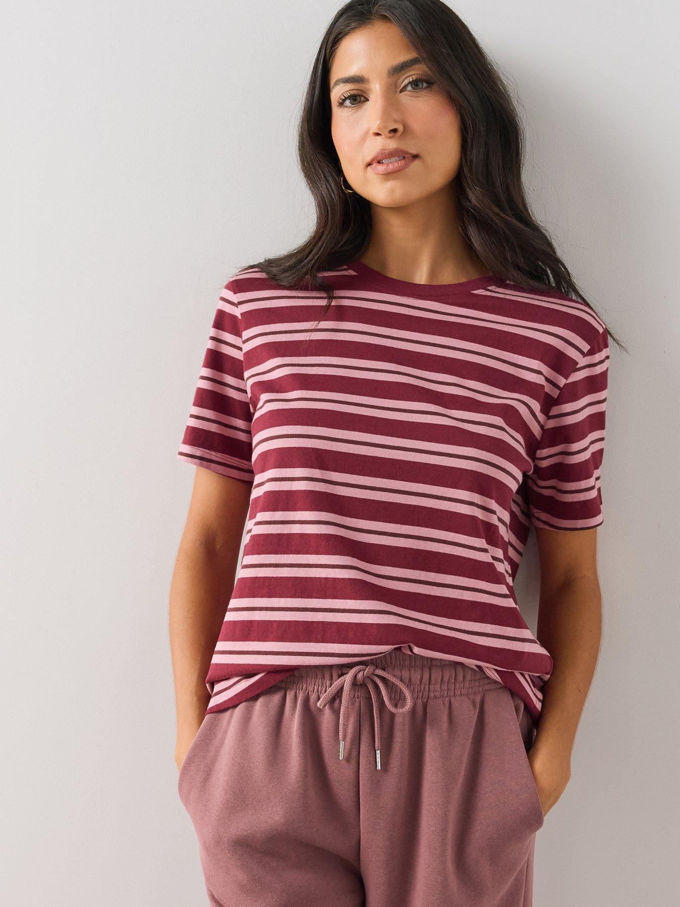 The Very Collection Stripe Crew Neck Jersey T-Shirt - Burgundy