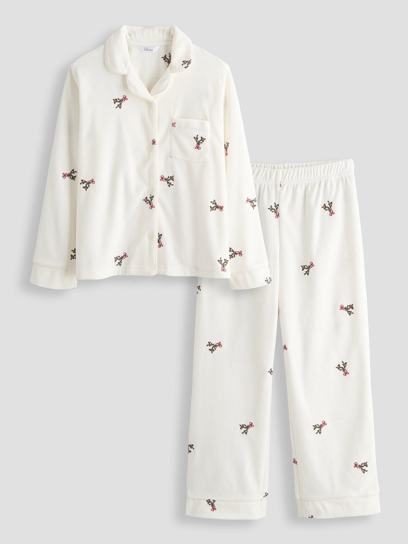 Image 2 of 6 of The Very Collection Girls Family Christmas Embroidered Mistletoe Revere Fleece Set - Cream