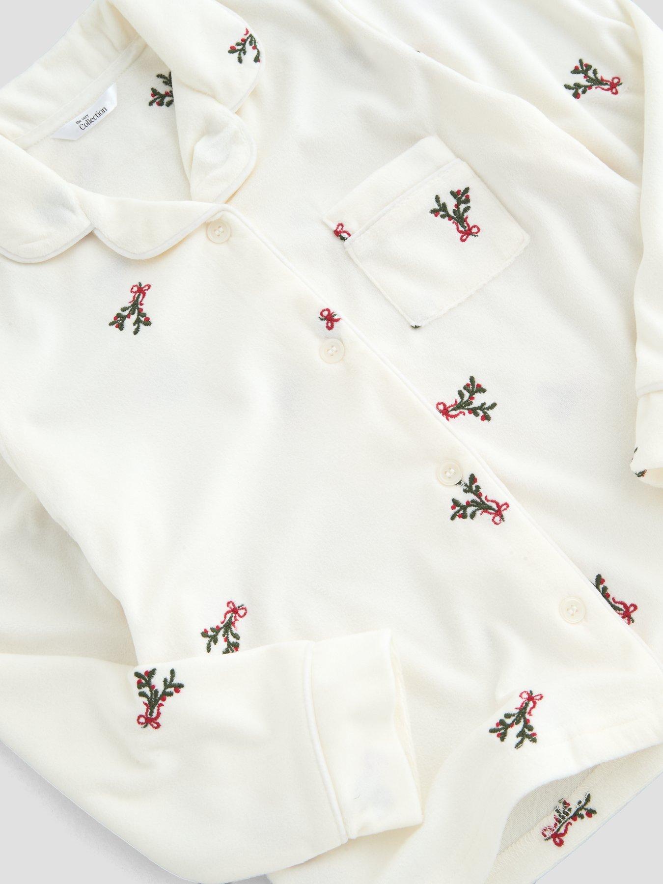 Image 4 of 6 of The Very Collection Girls Family Christmas Embroidered Mistletoe Revere Fleece Set - Cream