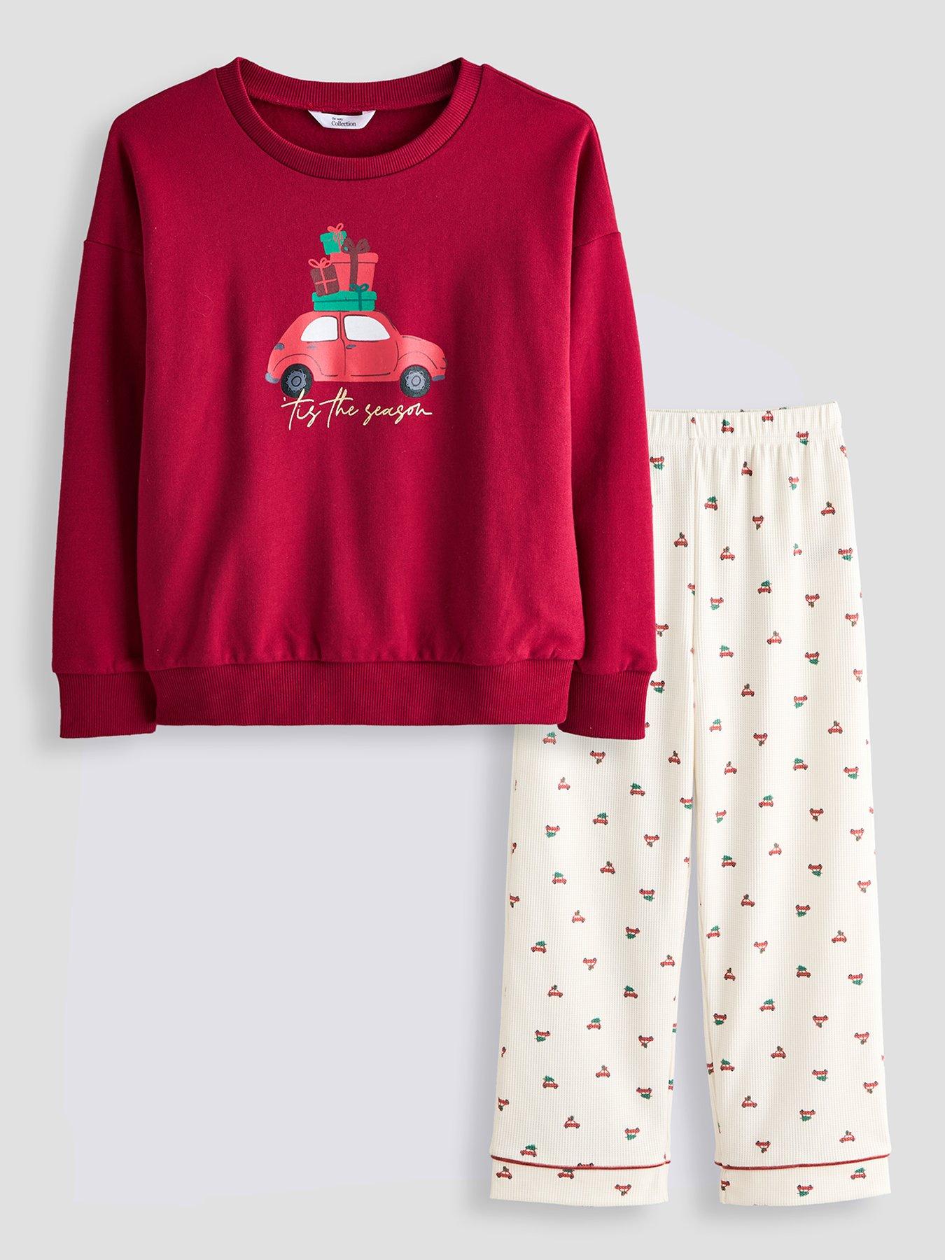 Image 2 of 7 of The Very Collection Kids Family Christmas Pyjama Car Sweatshirt And Waffle Printed Bottoms - Red