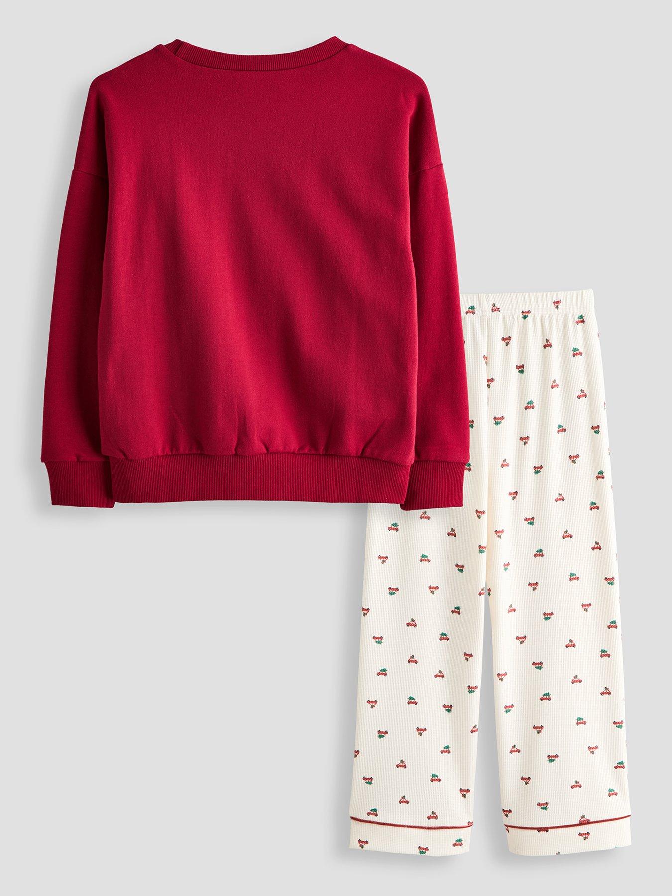 Image 3 of 7 of The Very Collection Kids Family Christmas Pyjama Car Sweatshirt And Waffle Printed Bottoms - Red