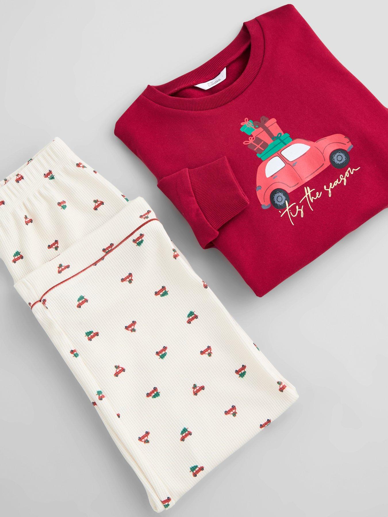 Image 4 of 7 of The Very Collection Kids Family Christmas Pyjama Car Sweatshirt And Waffle Printed Bottoms - Red
