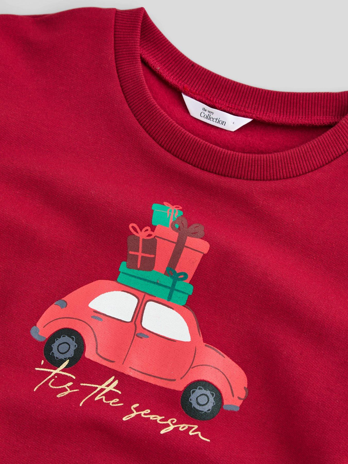 Image 5 of 7 of The Very Collection Kids Family Christmas Pyjama Car Sweatshirt And Waffle Printed Bottoms - Red