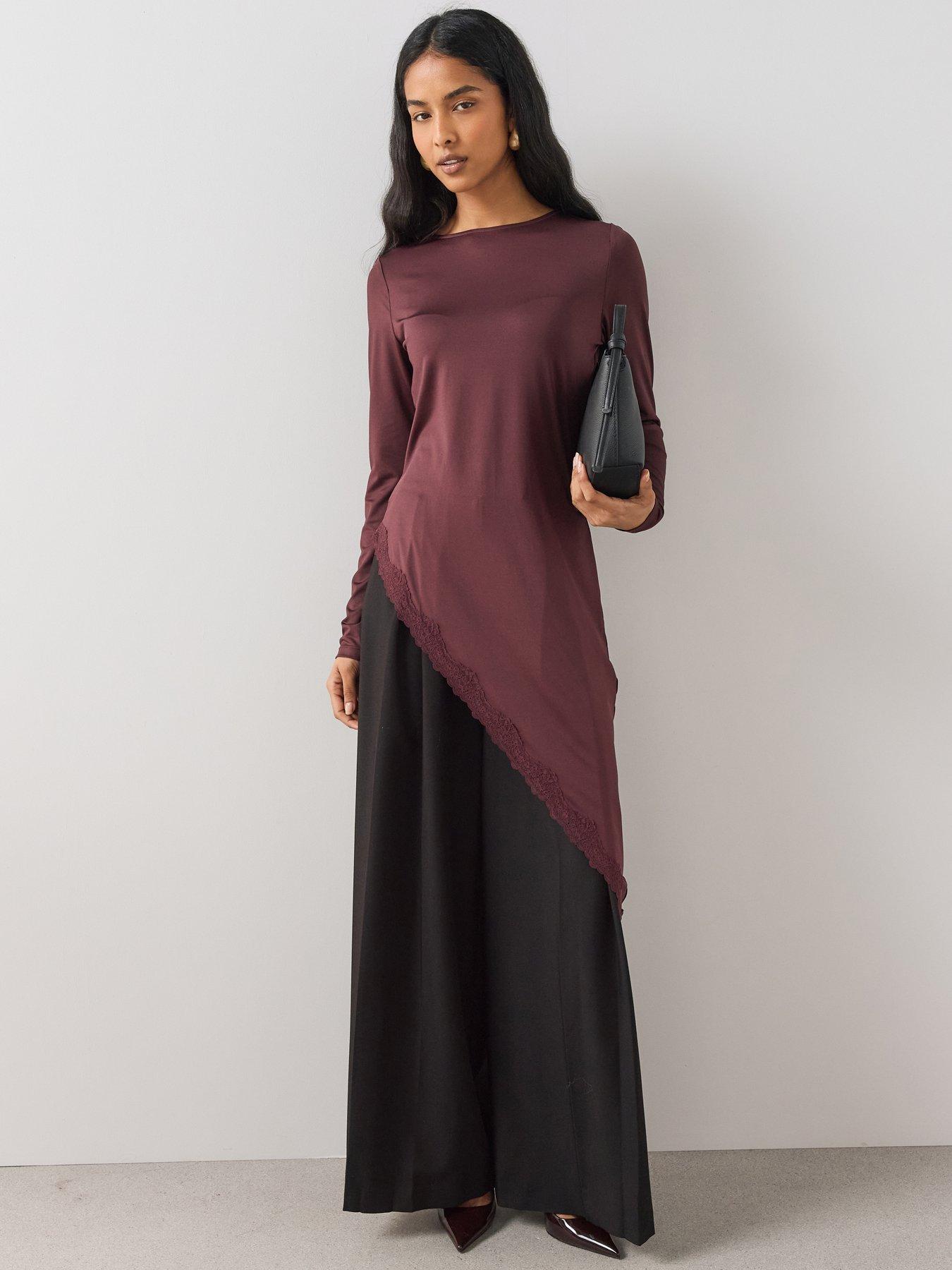 Image 1 of 7 of The Very Collection Womens Asymmetric Lace Trim Midaxi Top - Burgundy