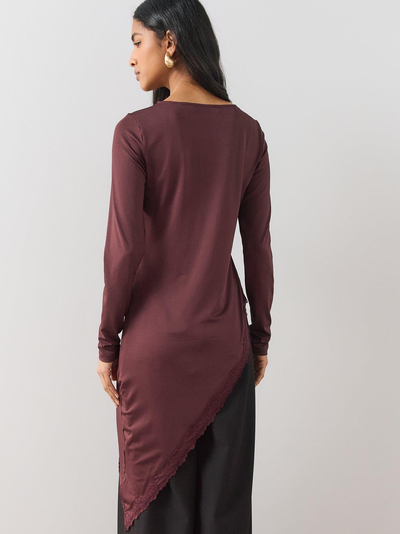 Image 2 of 7 of The Very Collection Womens Asymmetric Lace Trim Midaxi Top - Burgundy