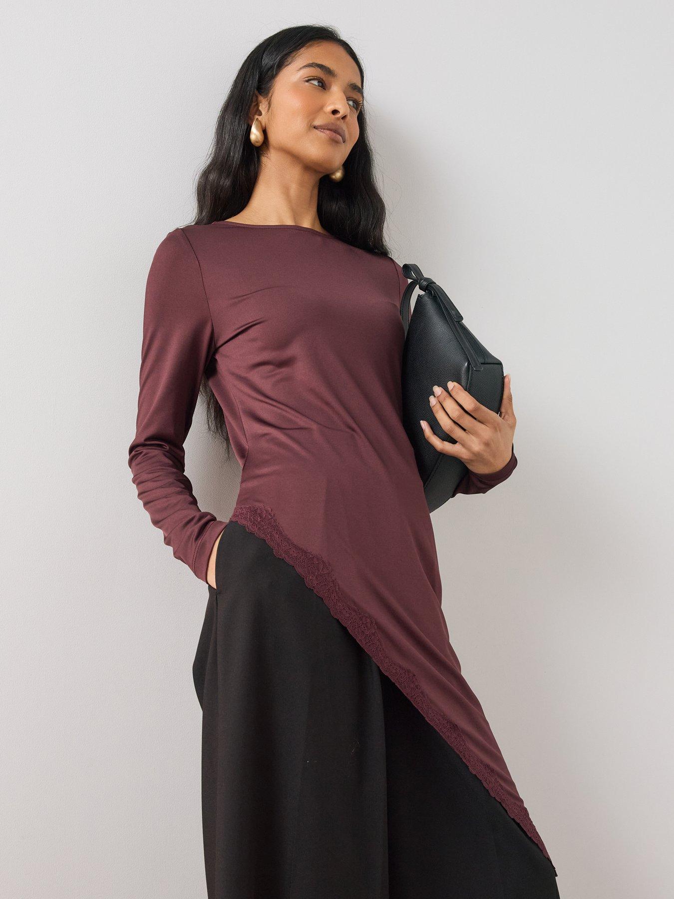 Image 4 of 7 of The Very Collection Womens Asymmetric Lace Trim Midaxi Top - Burgundy